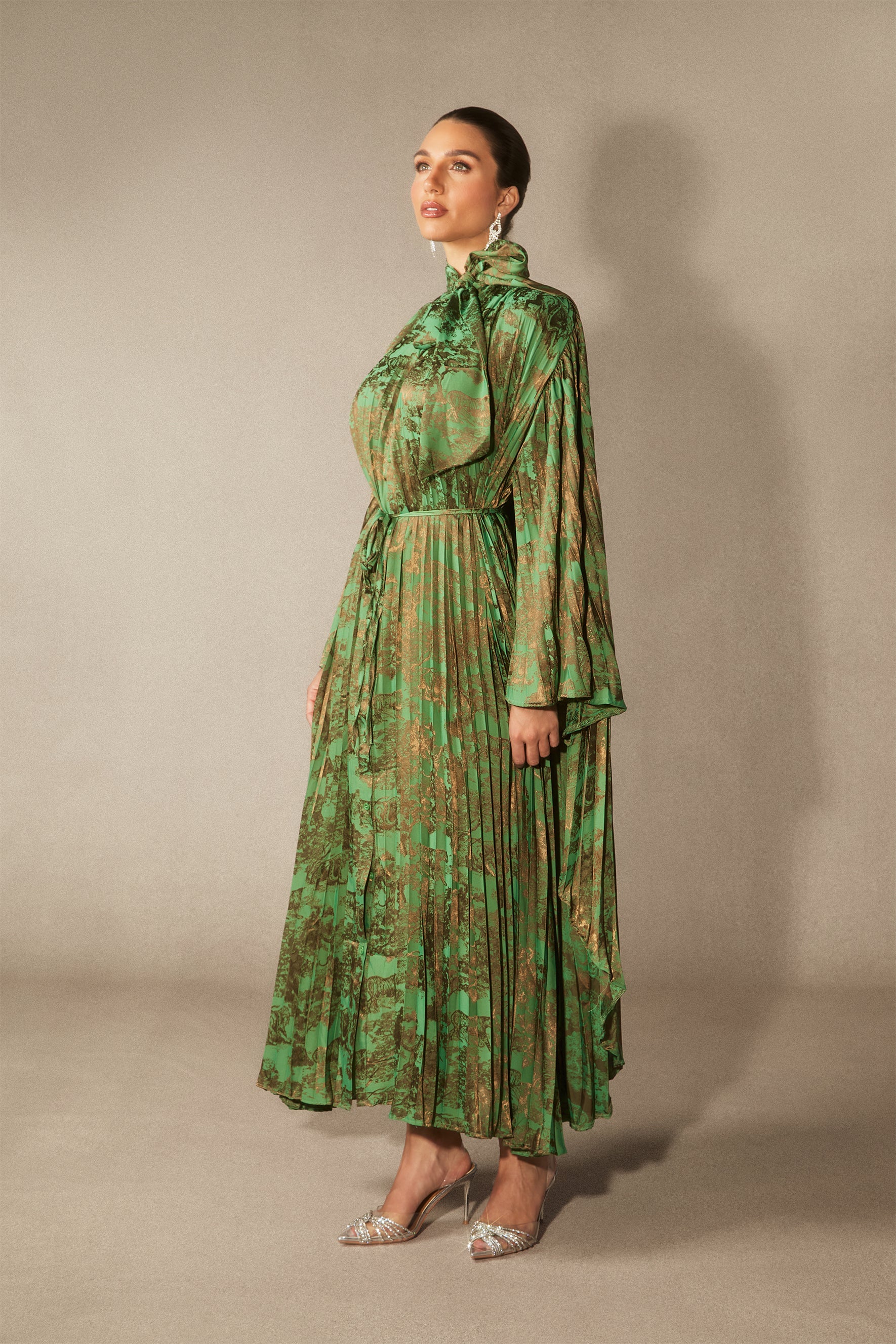 Leona Pleated Bodice Cape Sleeve Maxi Dress