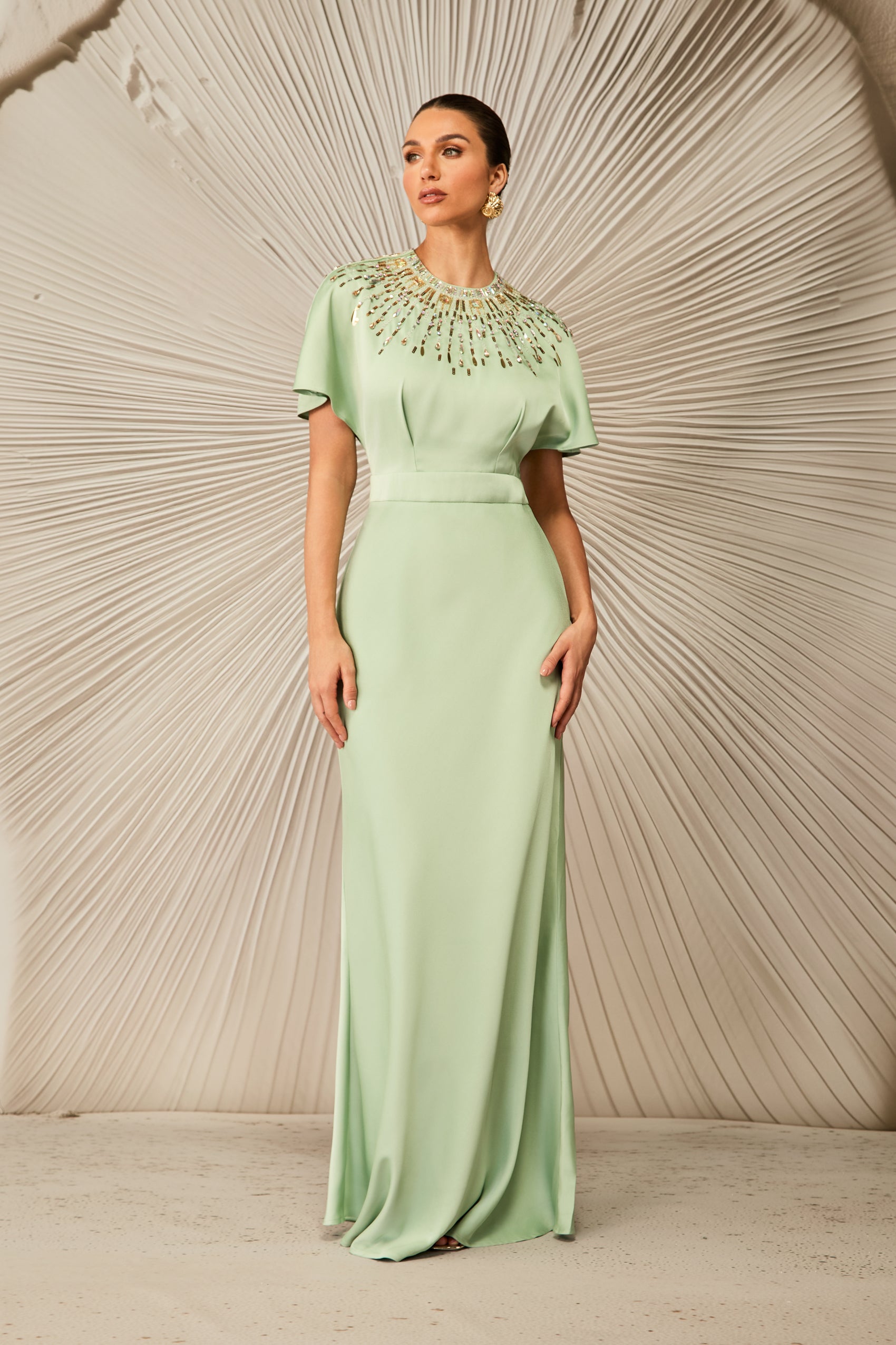 Cynthia Crystal Embellished Short Sleeve Satin Maxi Dress