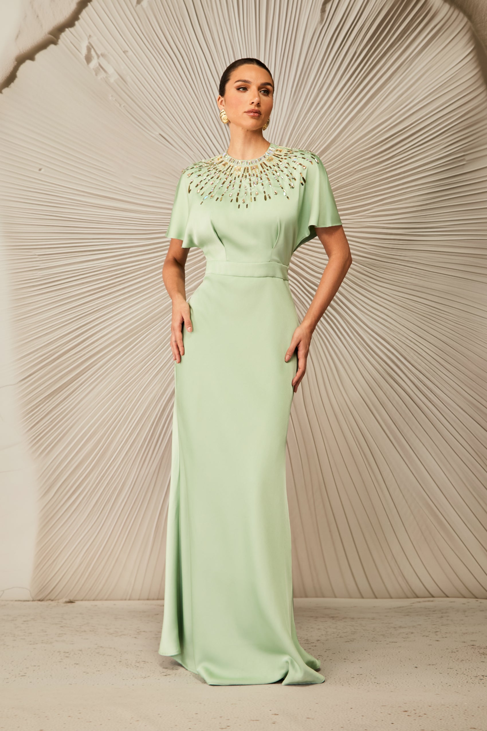 Cynthia Crystal Embellished Short Sleeve Satin Maxi Dress