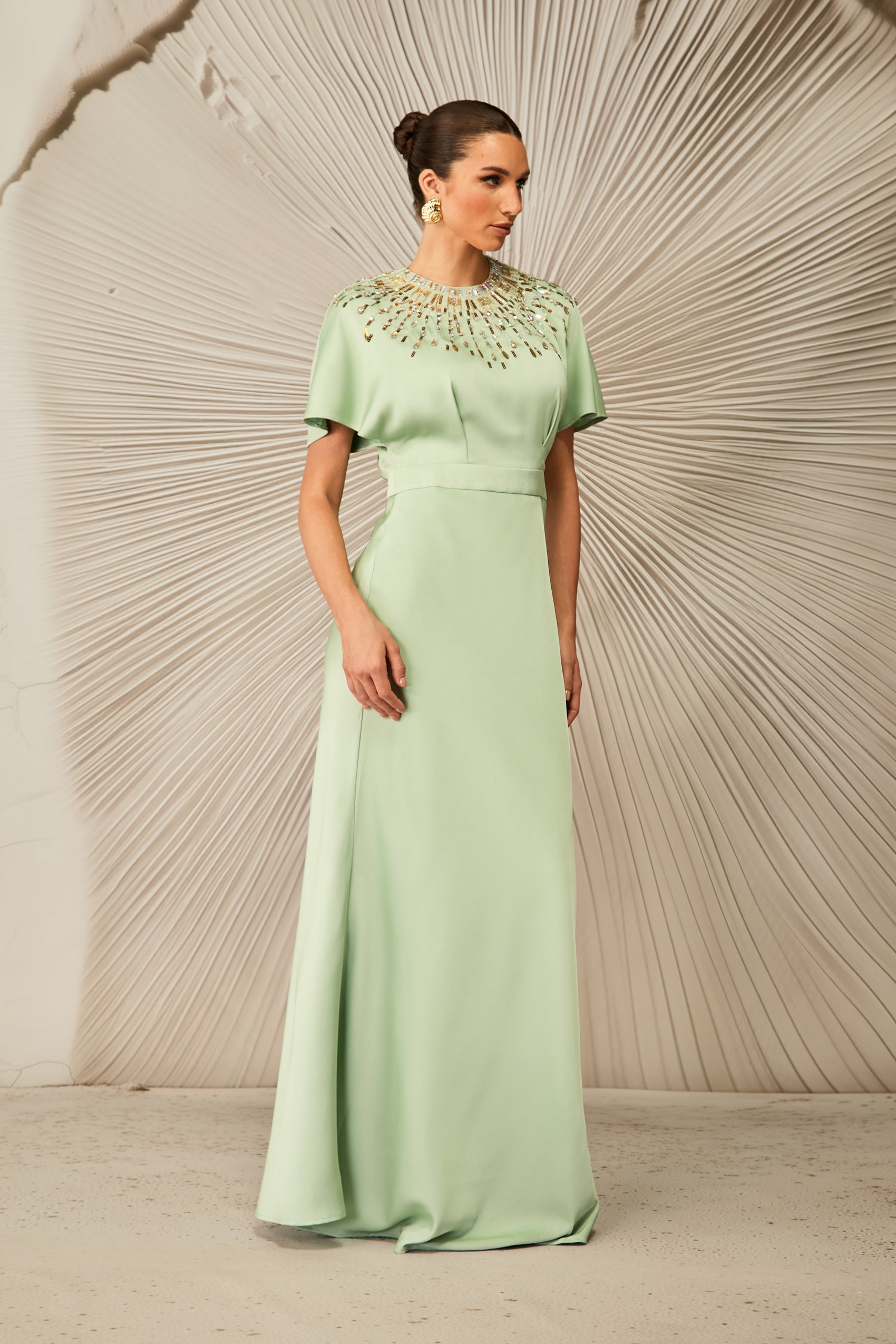 Cynthia Crystal Embellished Short Sleeve Satin Maxi Dress