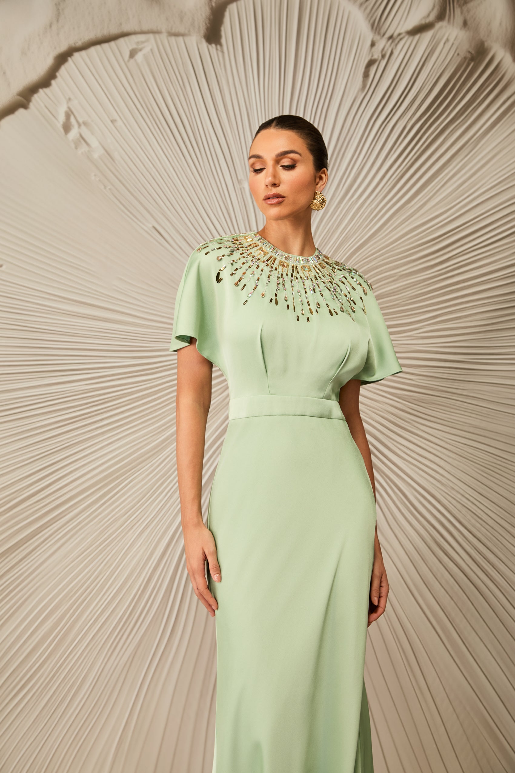 Cynthia Crystal Embellished Short Sleeve Satin Maxi Dress