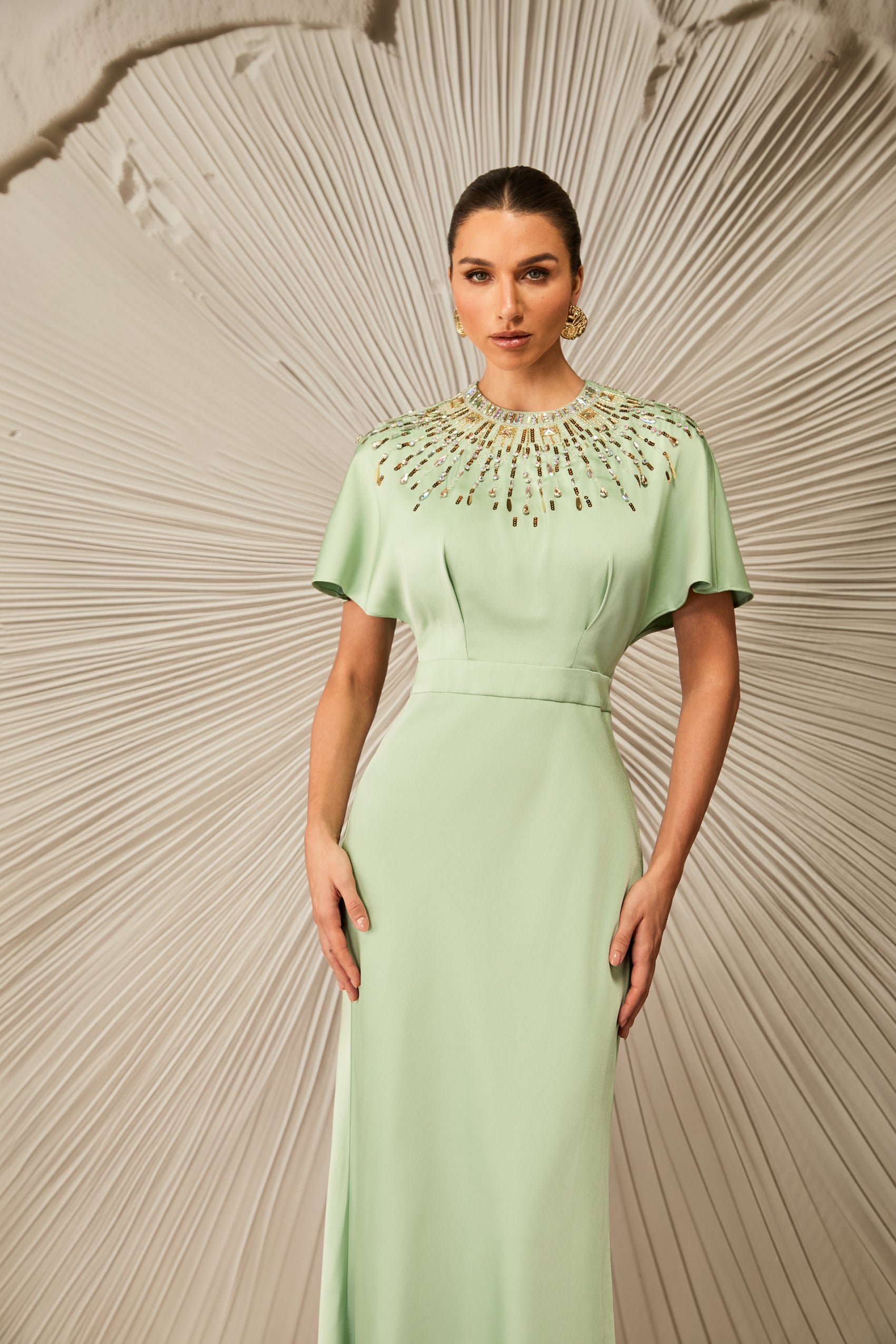 Cynthia Crystal Embellished Short Sleeve Satin Maxi Dress