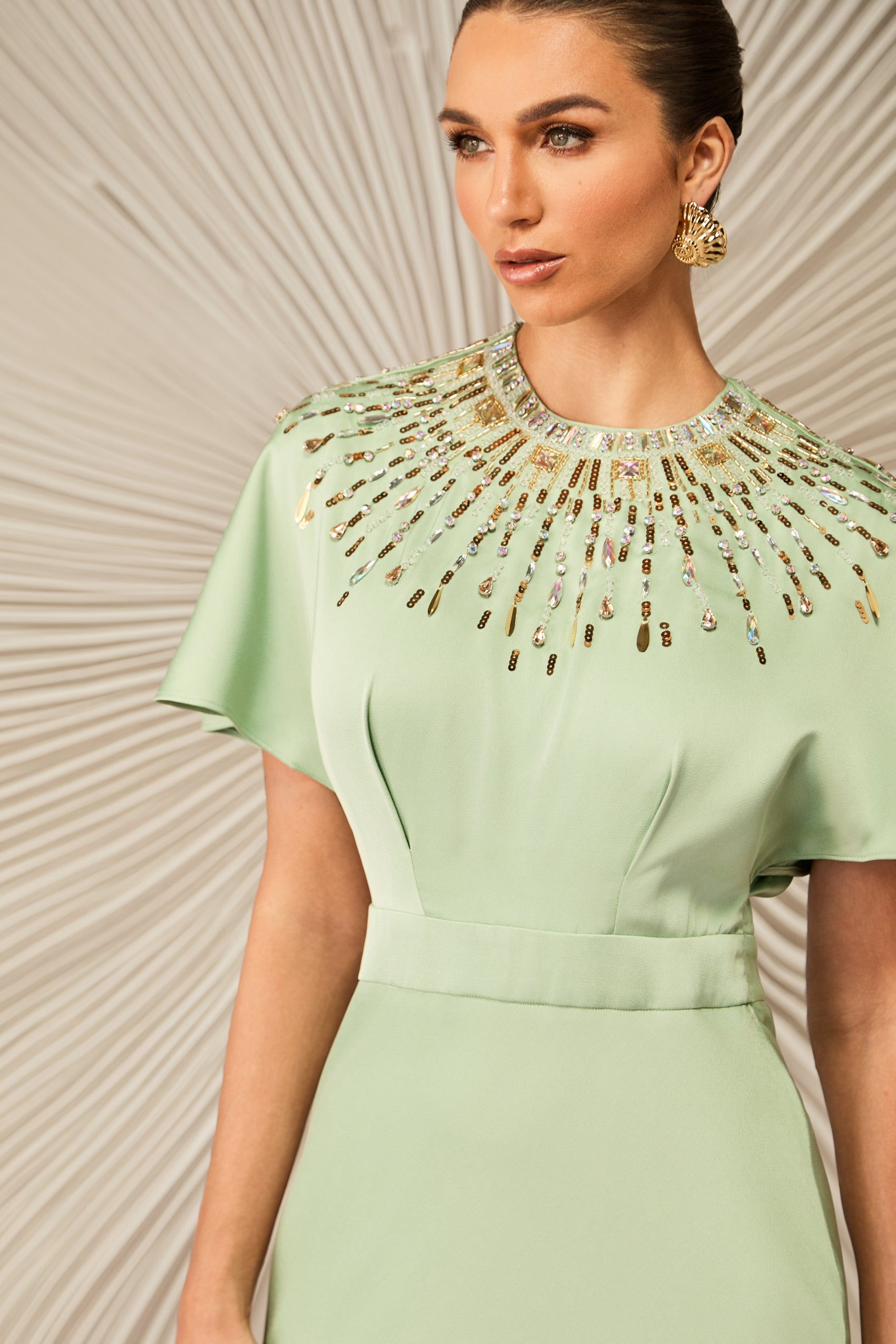 Cynthia Crystal Embellished Short Sleeve Satin Maxi Dress