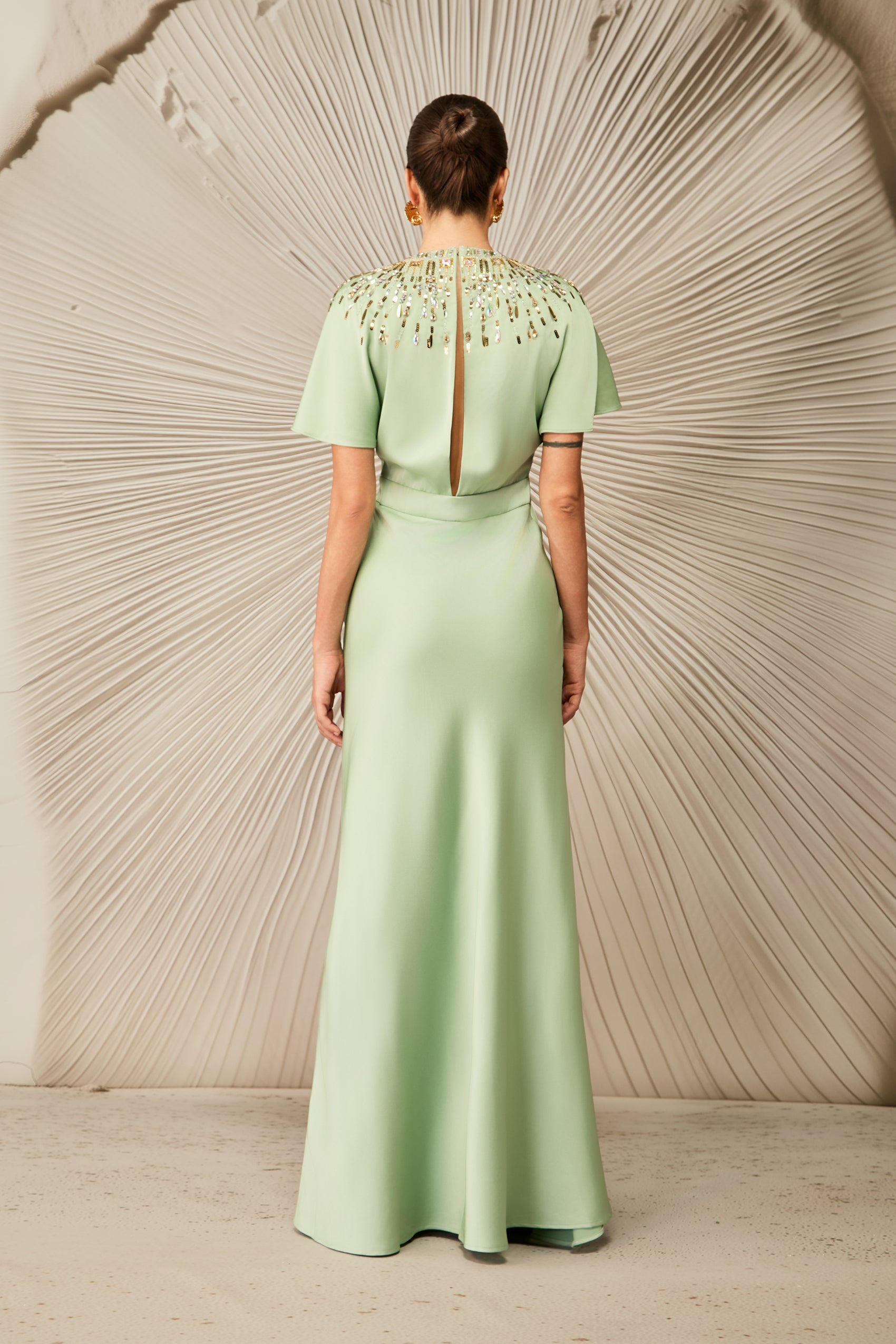 Cynthia Crystal Embellished Short Sleeve Satin Maxi Dress