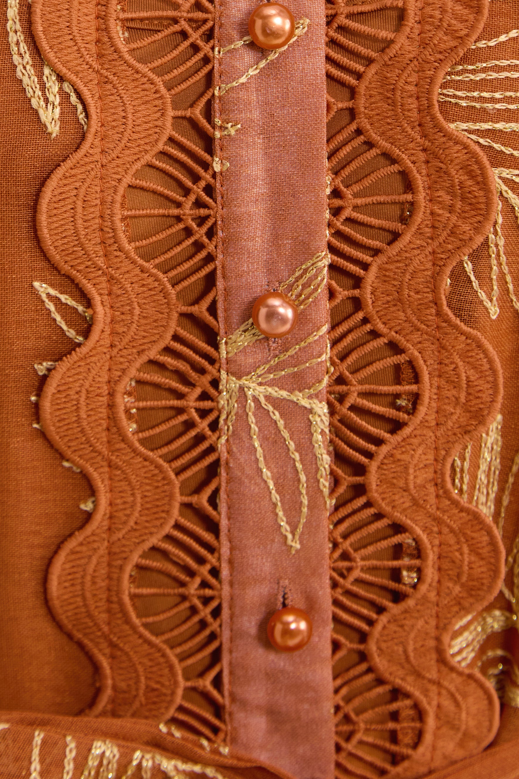 Secret Rendezvous Brown Leaf Embroidered Tiered Maxi Dress