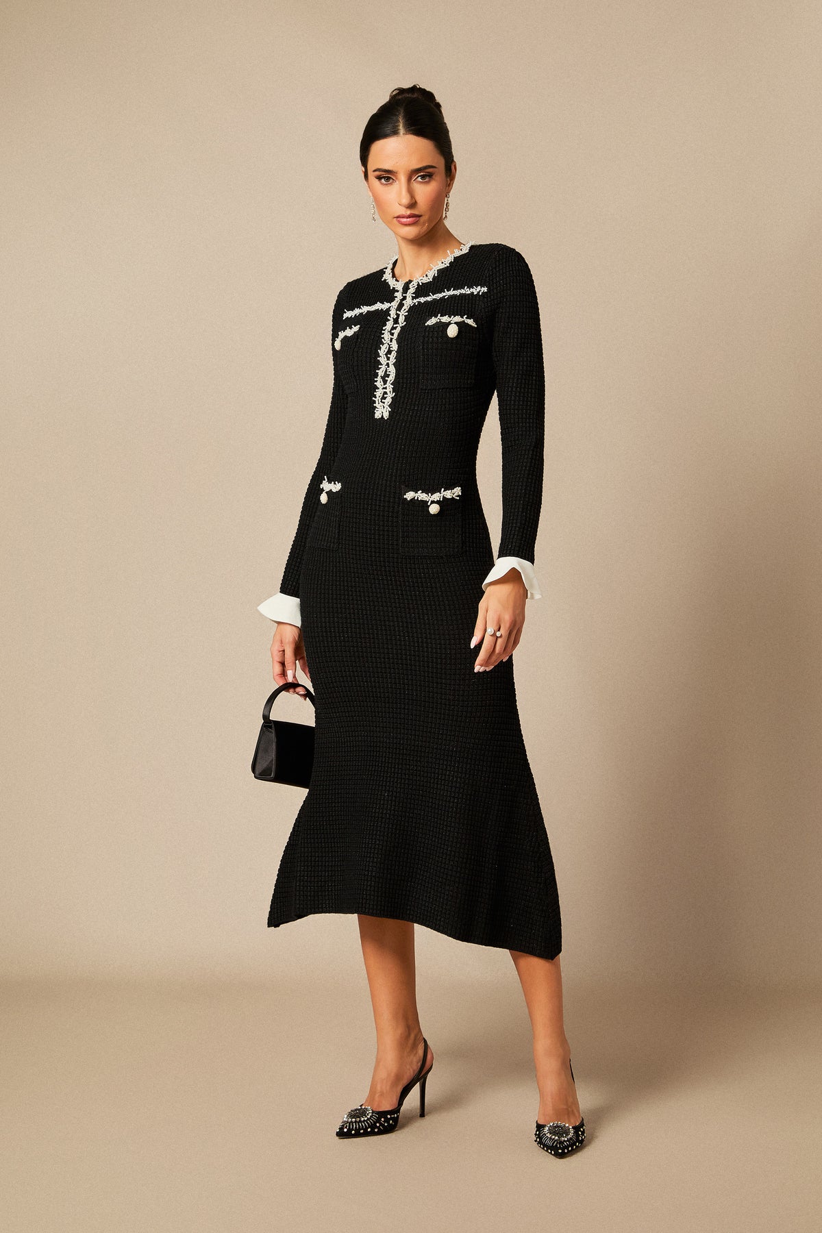 Angie Contrast Trim Pearl Knit Midi Dress