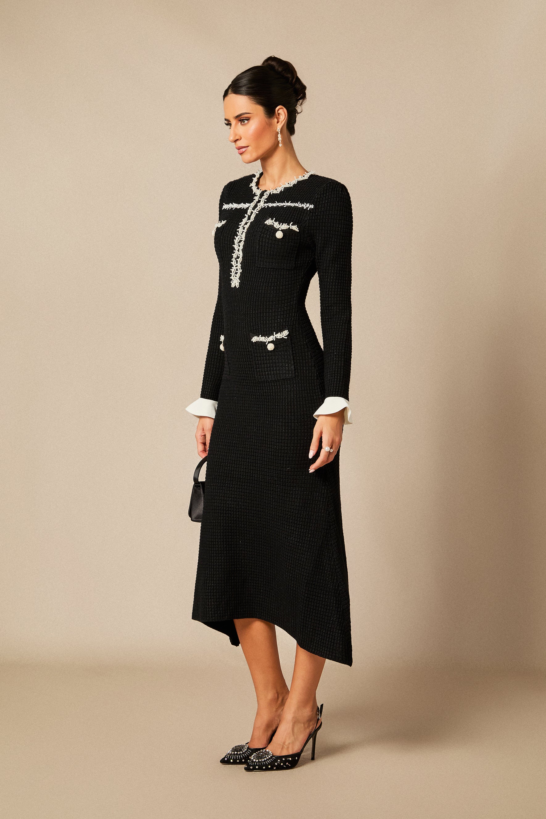 Angie Contrast Trim Pearl Knit Midi Dress