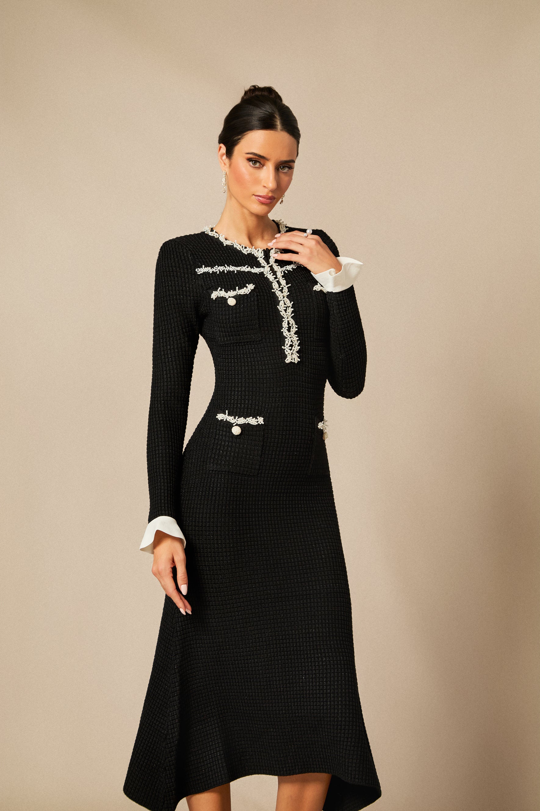 Angie Contrast Trim Pearl Knit Midi Dress