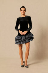 Hermosa Ruffle Asymmetric Hem Mini Velvet Dress