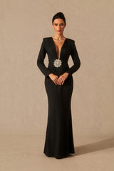 Alexa Deep V Neck Crystal Maxi Dress