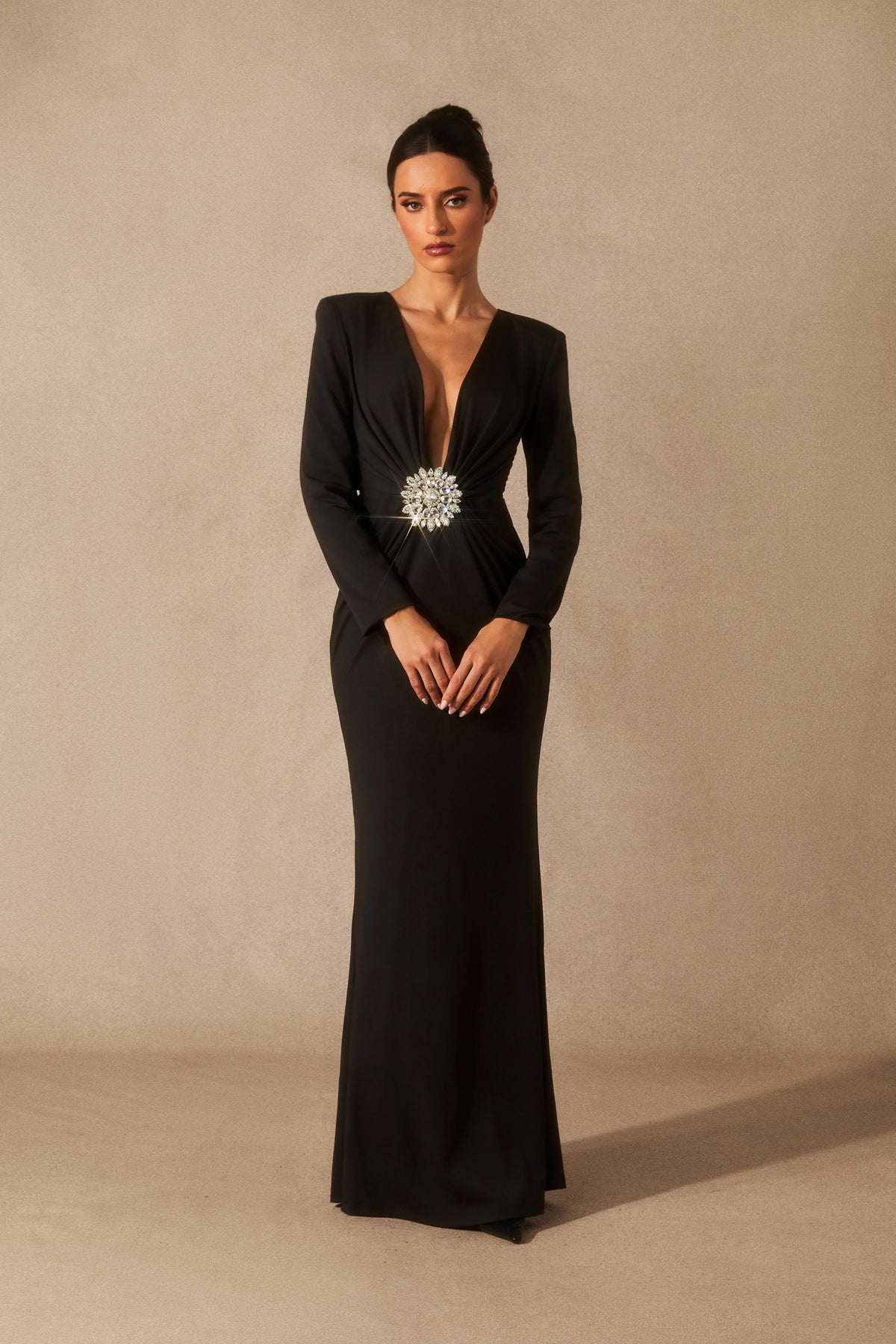 Alexa Deep V Neck Crystal Maxi Dress