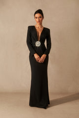 Alexa Deep V Neck Crystal Maxi Dress