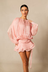 Beryl Pleated Ruffle Hem Mini Dress in Pink