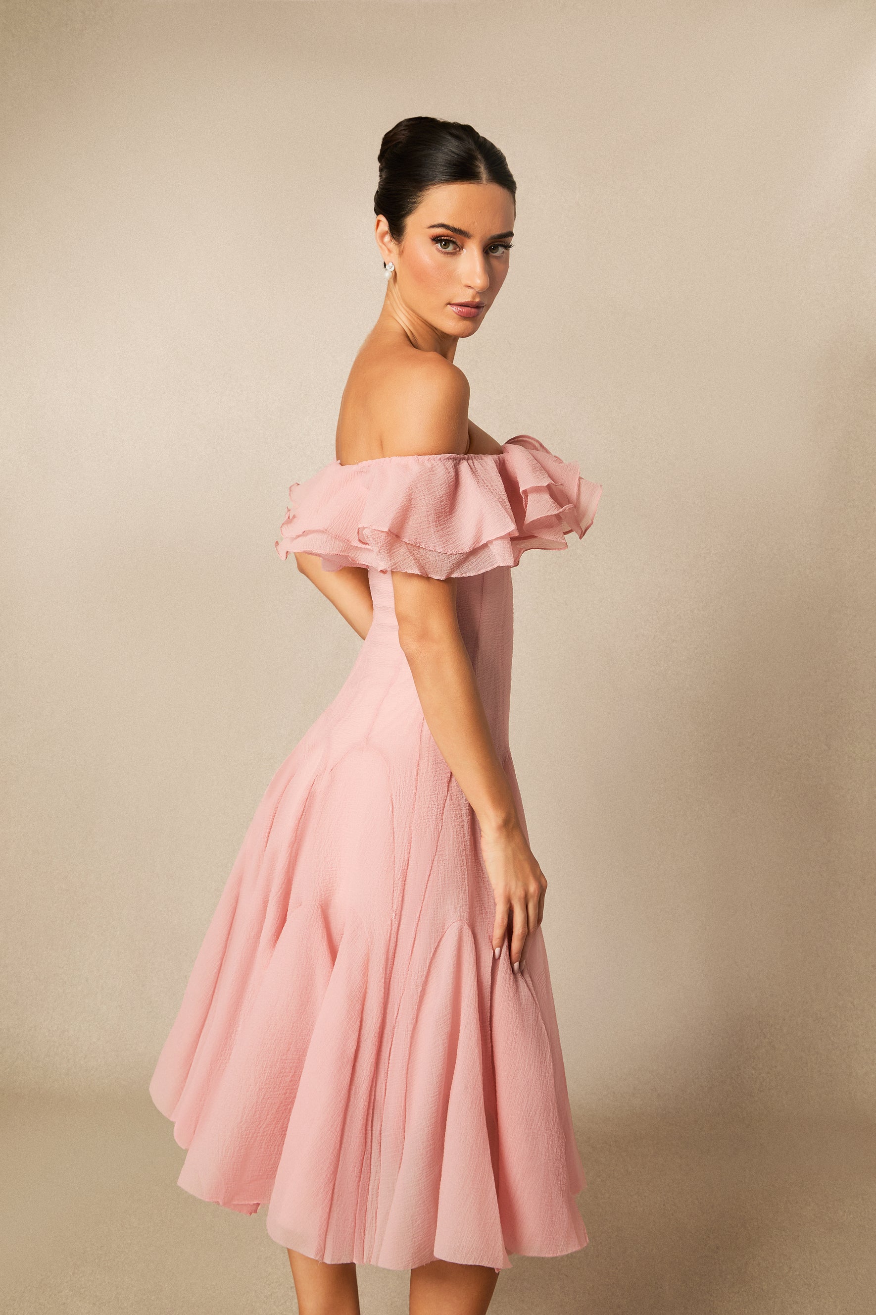Vita Off Shoulder Ruffle Midi Dress