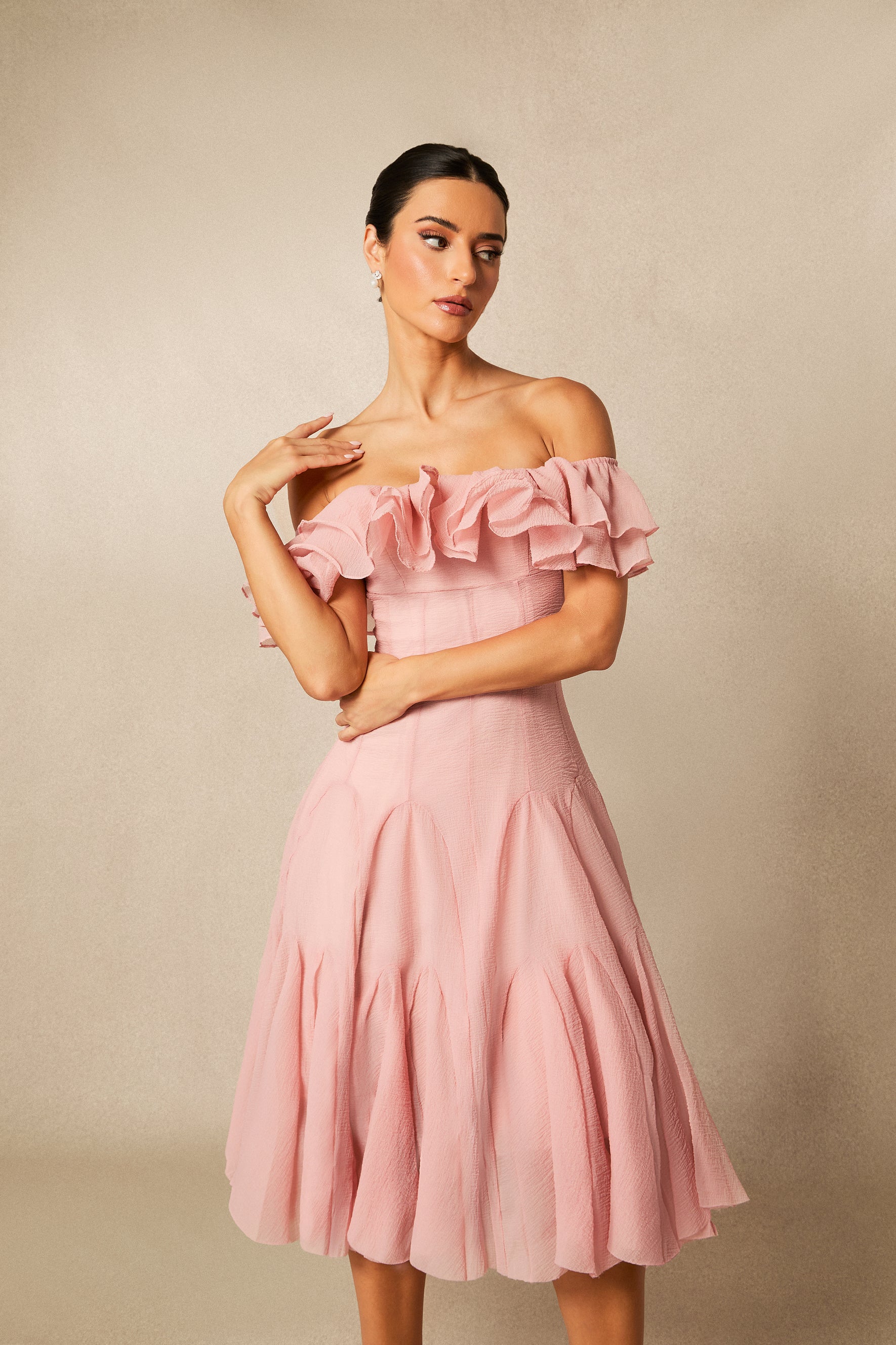 Vita Off Shoulder Ruffle Midi Dress