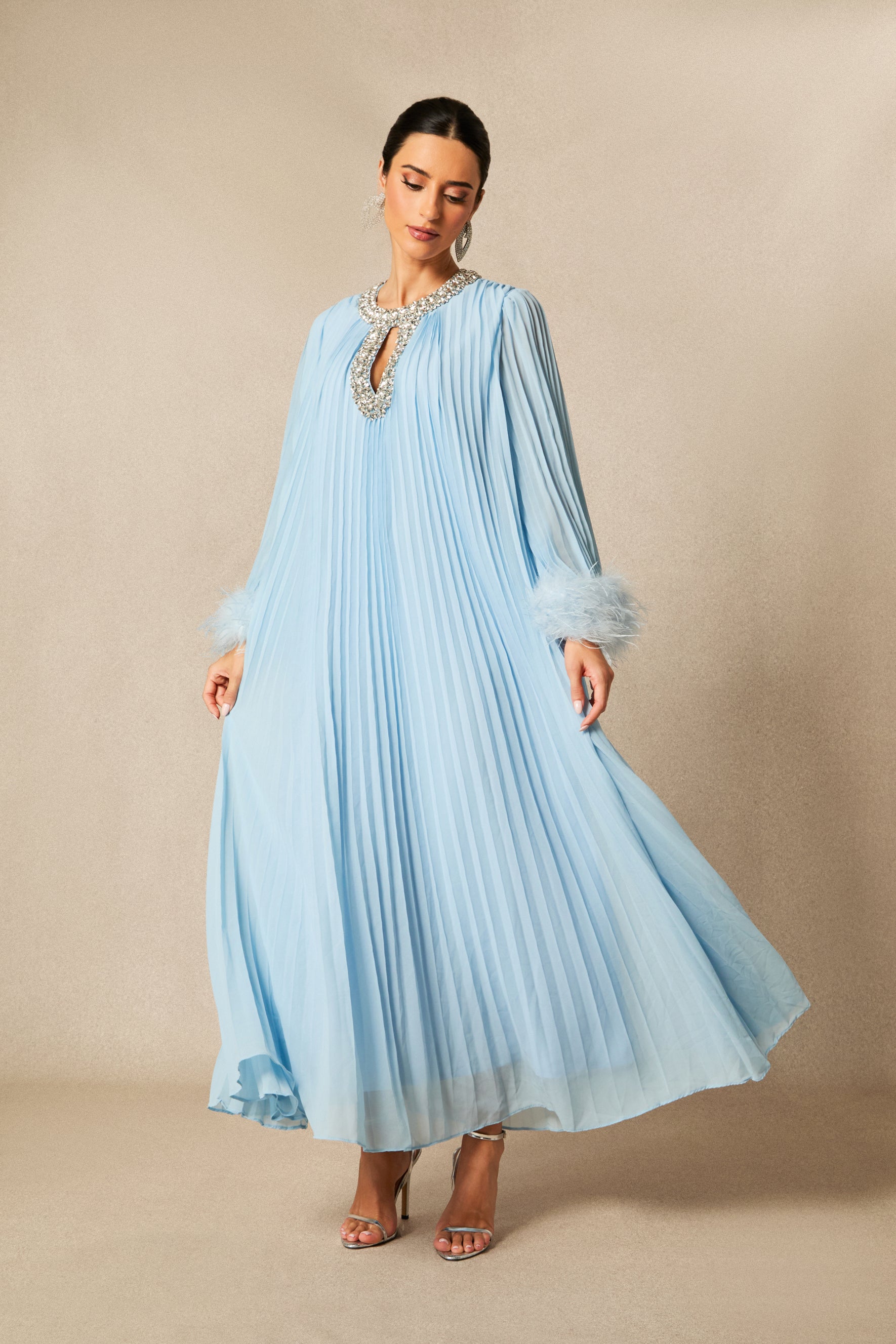 Yvonne Diamante Feathered Pleated Maxi Chiffon Dress
