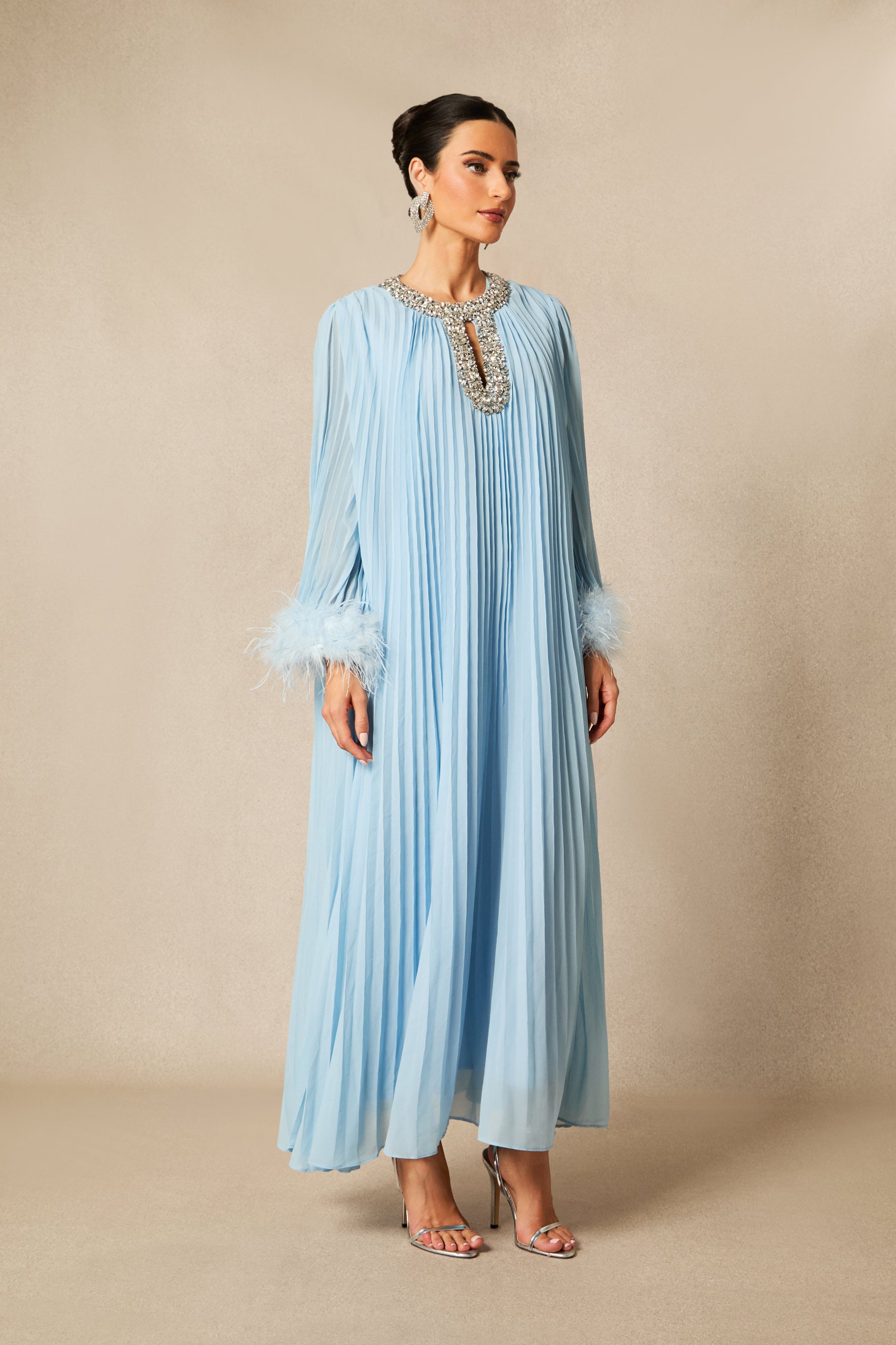 Yvonne Diamante Feathered Pleated Maxi Chiffon Dress