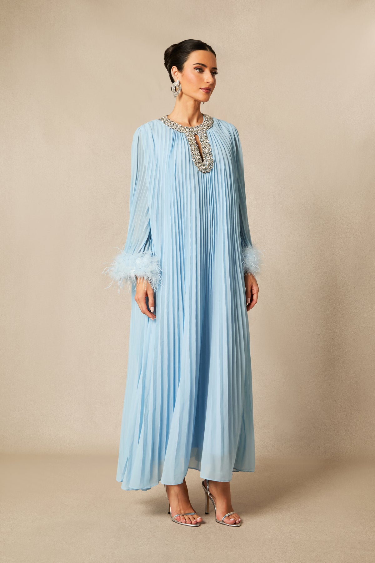 Yvonne Diamante Feathered Pleated Maxi Chiffon Dress