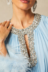 Yvonne Diamante Feathered Pleated Maxi Chiffon Dress