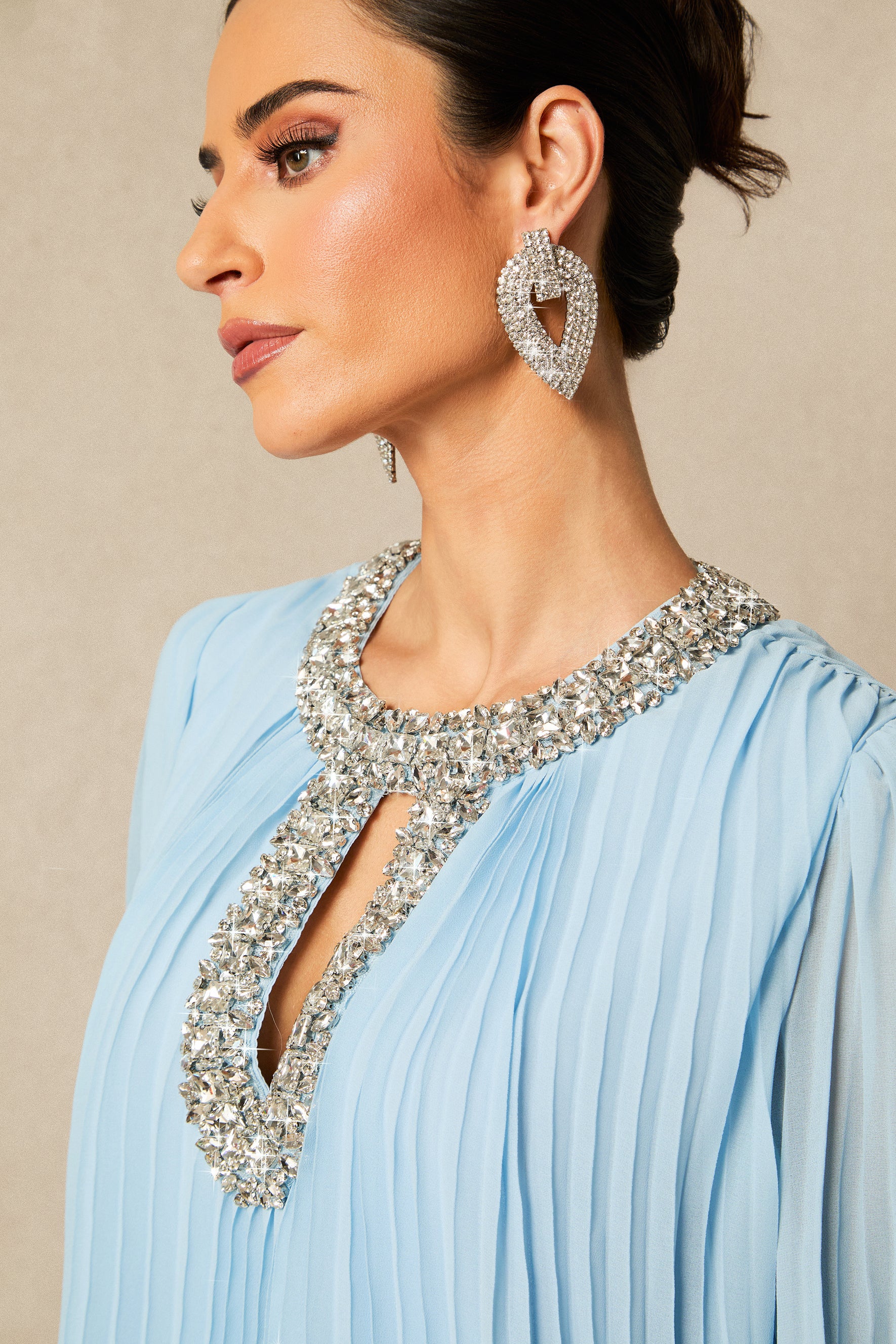 Yvonne Diamante Feathered Pleated Maxi Chiffon Dress