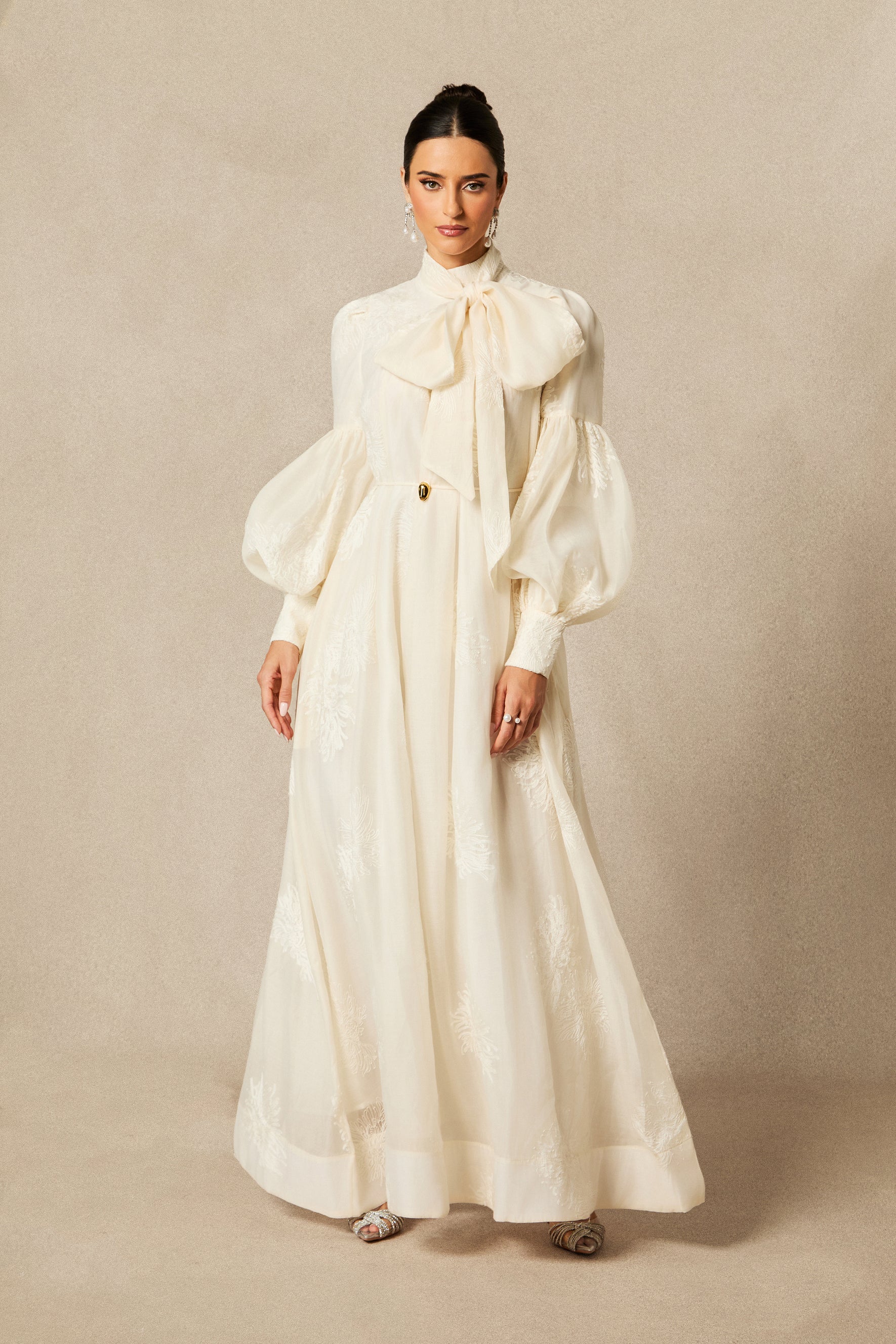 Lydia Floral Embroidered Tie Neck Maxi Dress