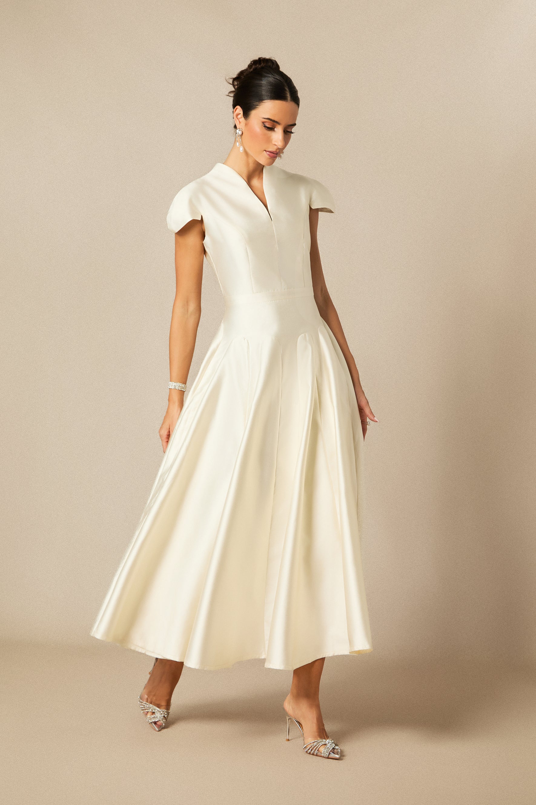 Tiana Cap Sleeve V-Neck Satin Midi Dress