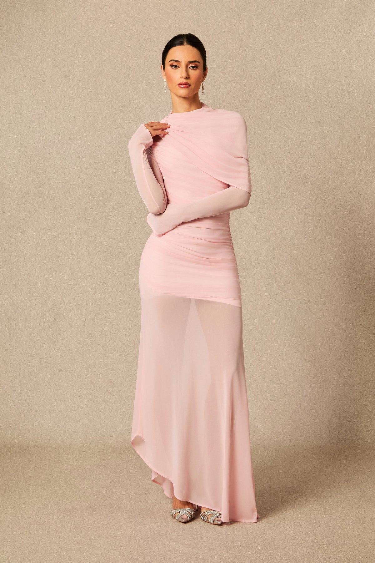 Evie Long Sleeve Asymmetric Hem Mesh Maxi Dress