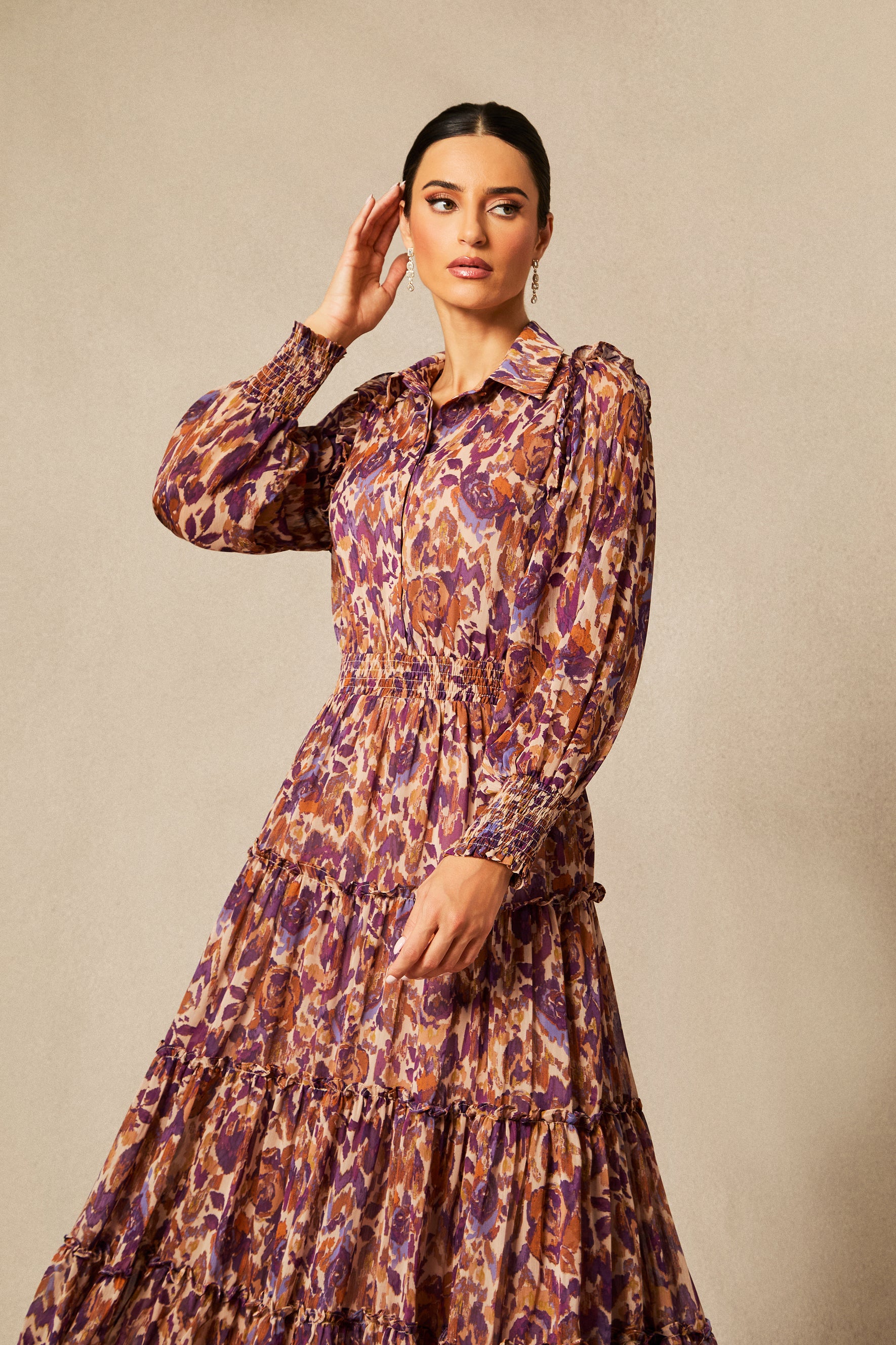 Cecelia Abstract Print Long Sleeve Midi Dress