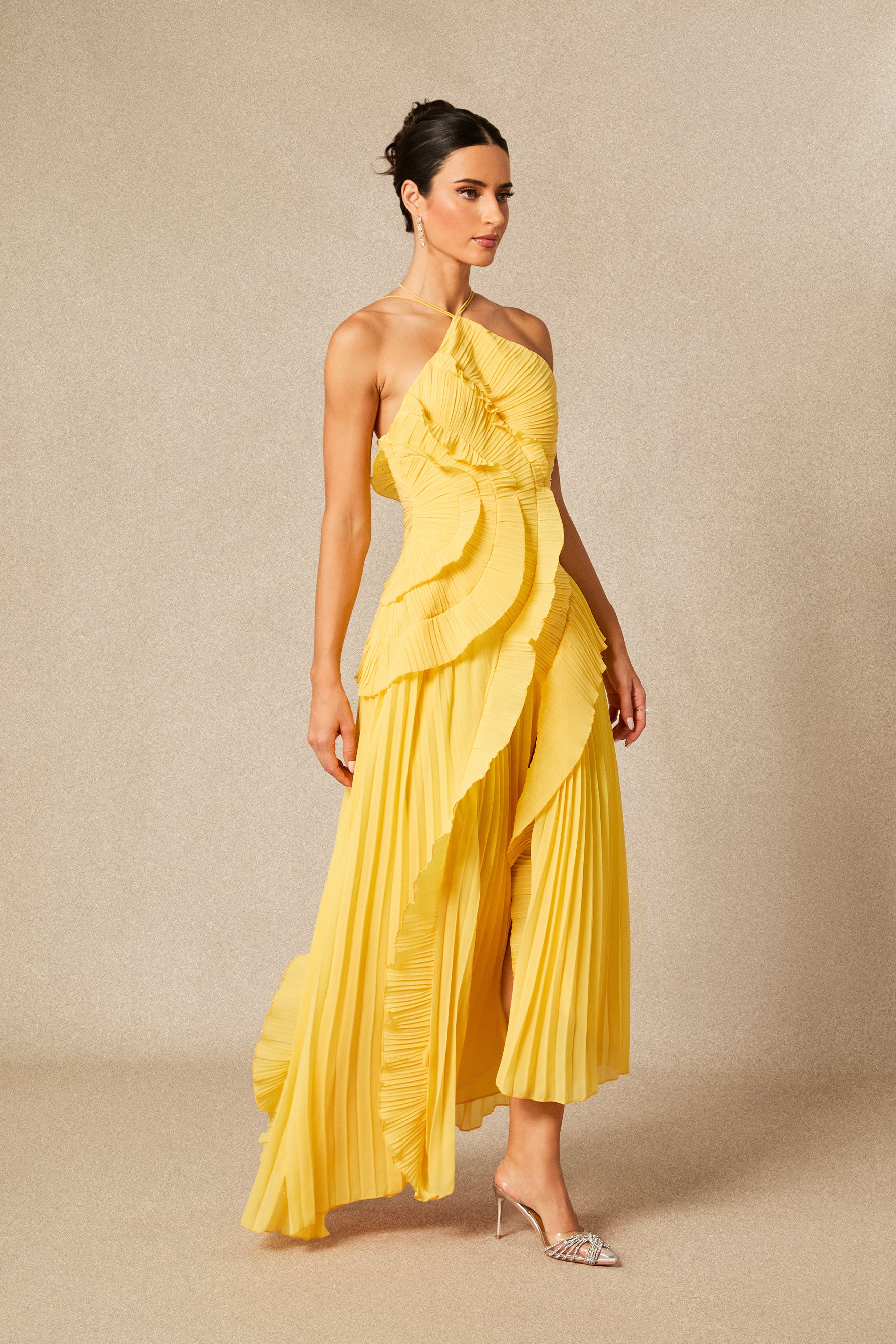 Nina Asymmetry Pleated Halterneck Midi Dress
