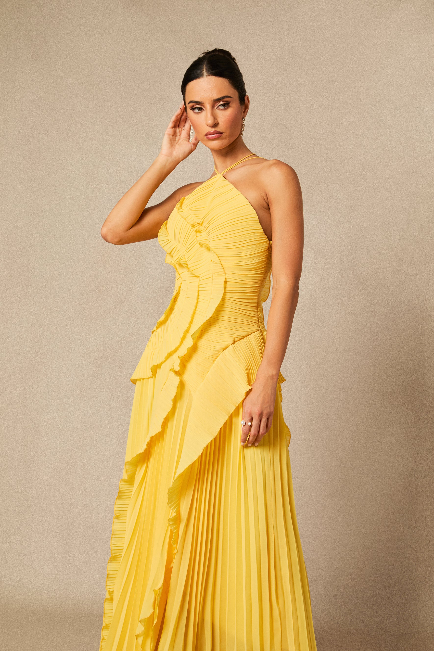 Nina Asymmetry Pleated Halterneck Midi Dress