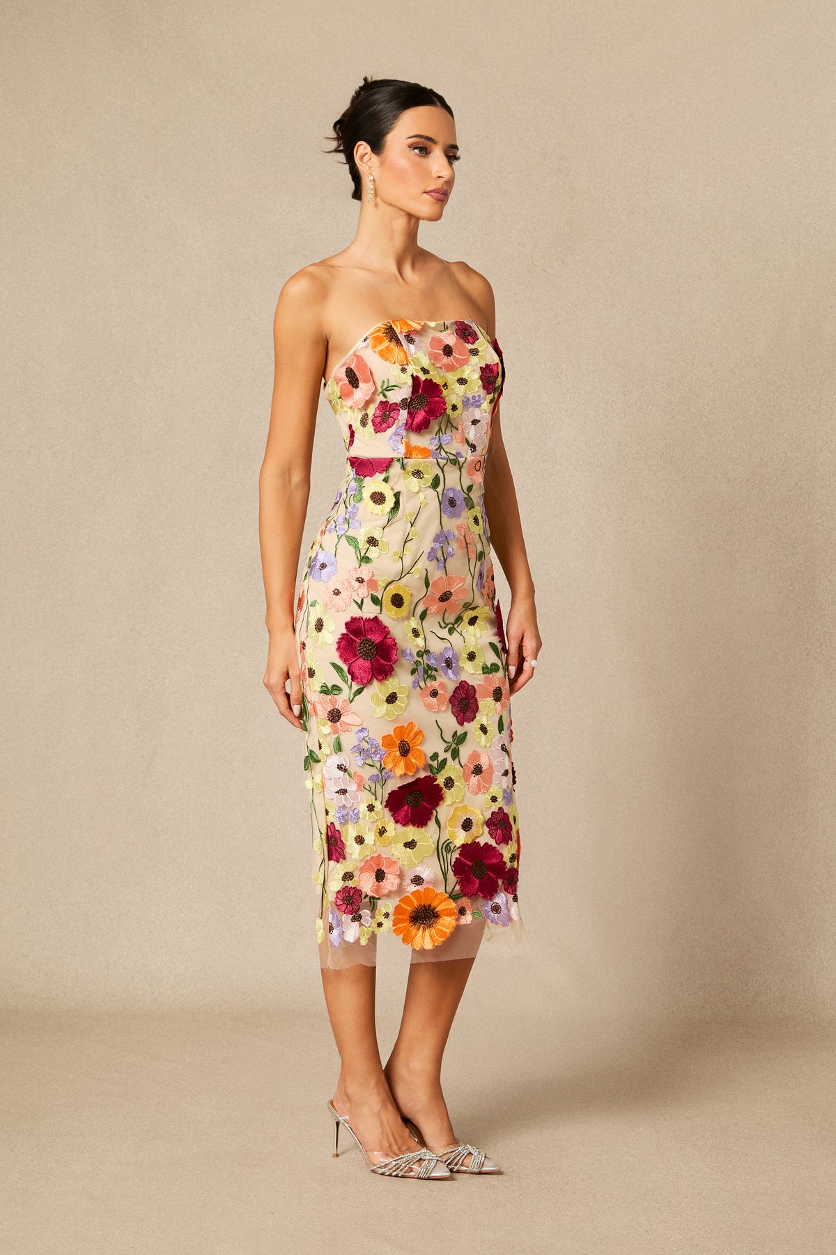 Belle Embroidered Floral Strapless Midi Dress