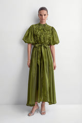 Graceful Darling Green Ruffled Bodice Puff Sleeve Maxi Dress