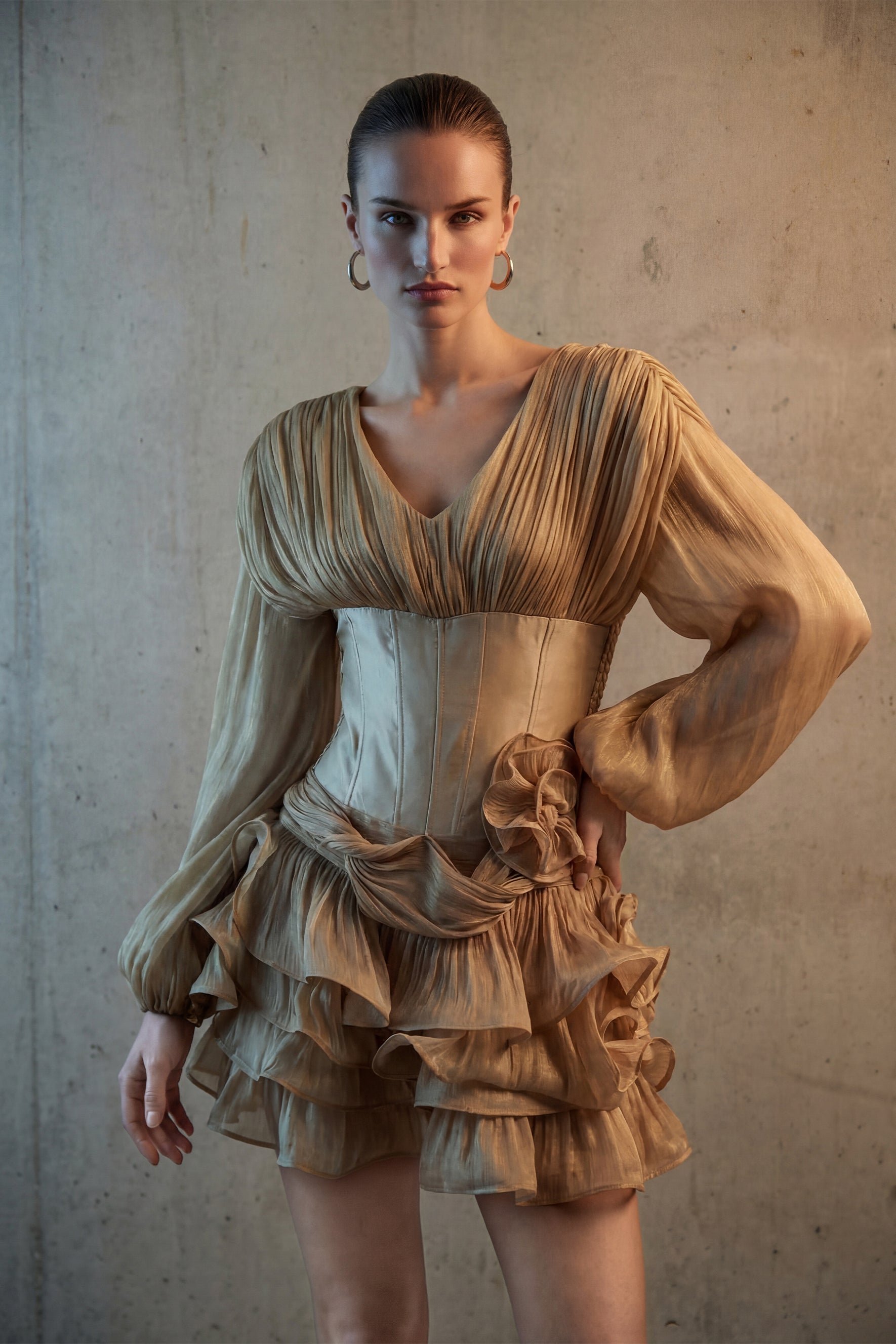 Dedicated To Glamour Khaki Corset Bodice Ruffled Mini Dress