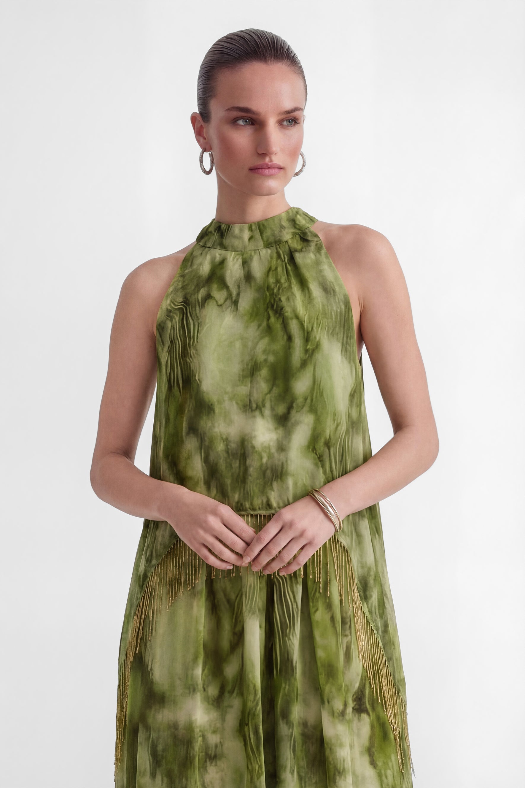 Pure Reverie Green Halter Neck Fringe Maxi Dress