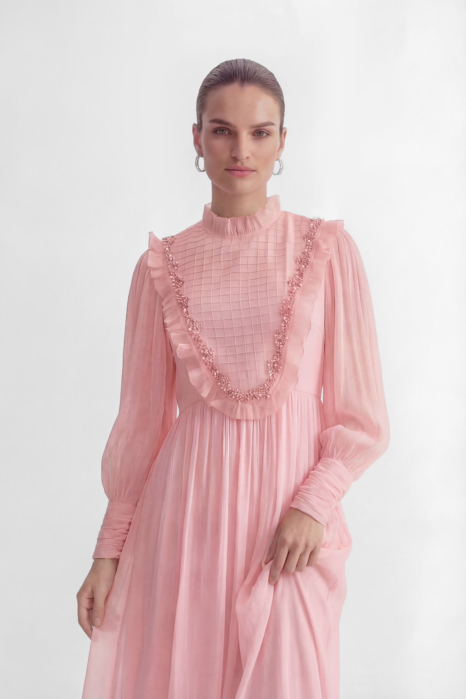 Wanna Know Your Name Pink Beaded Ruffle Trim Maxi Dress