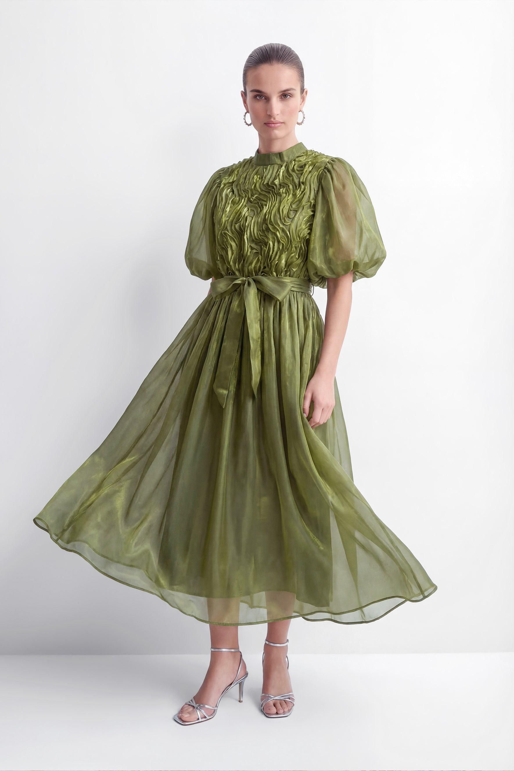 Graceful Darling Green Ruffled Bodice Puff Sleeve Maxi Dress