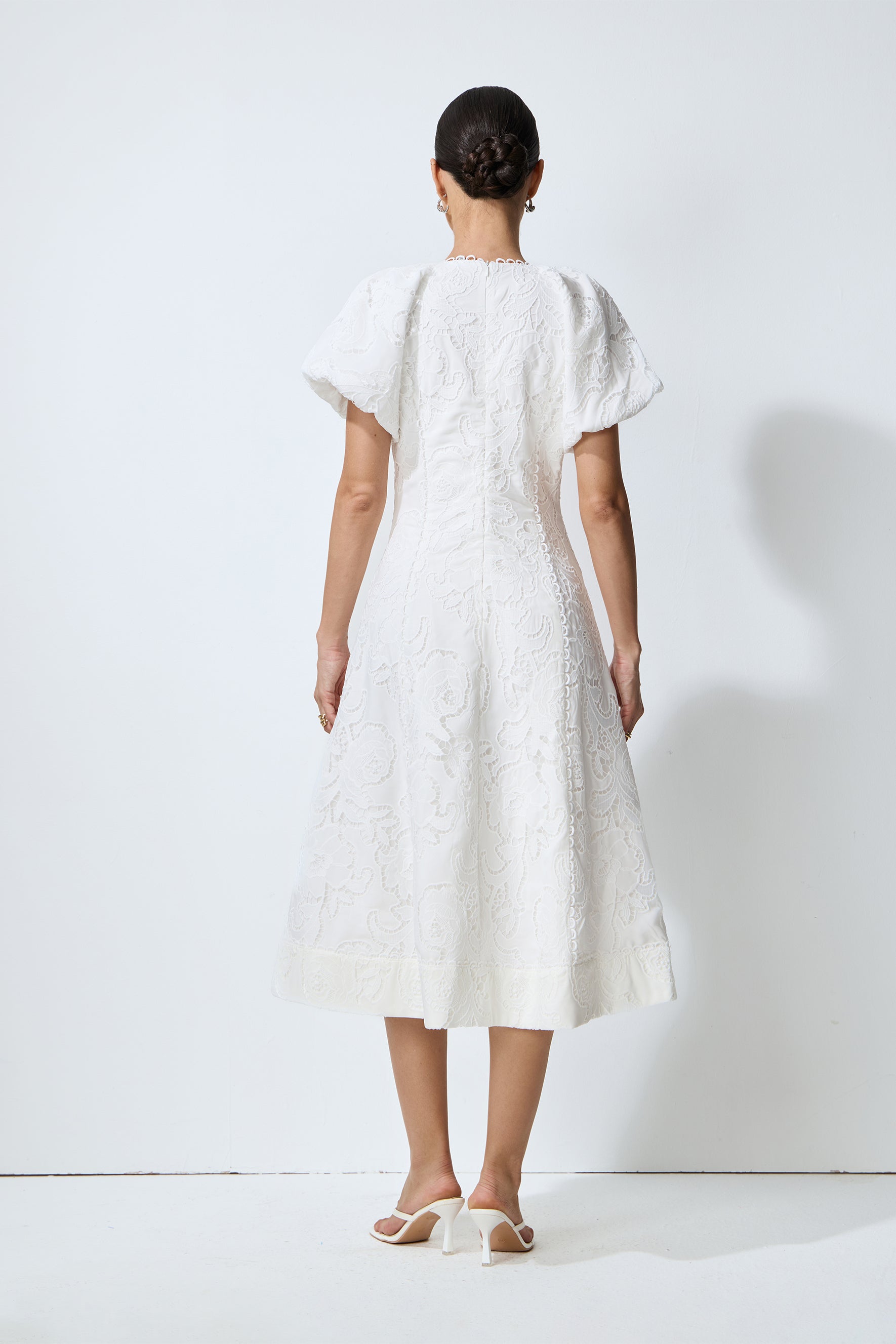 So Perfectly You White Lace Embroidery Puff Sleeve Midi Dress