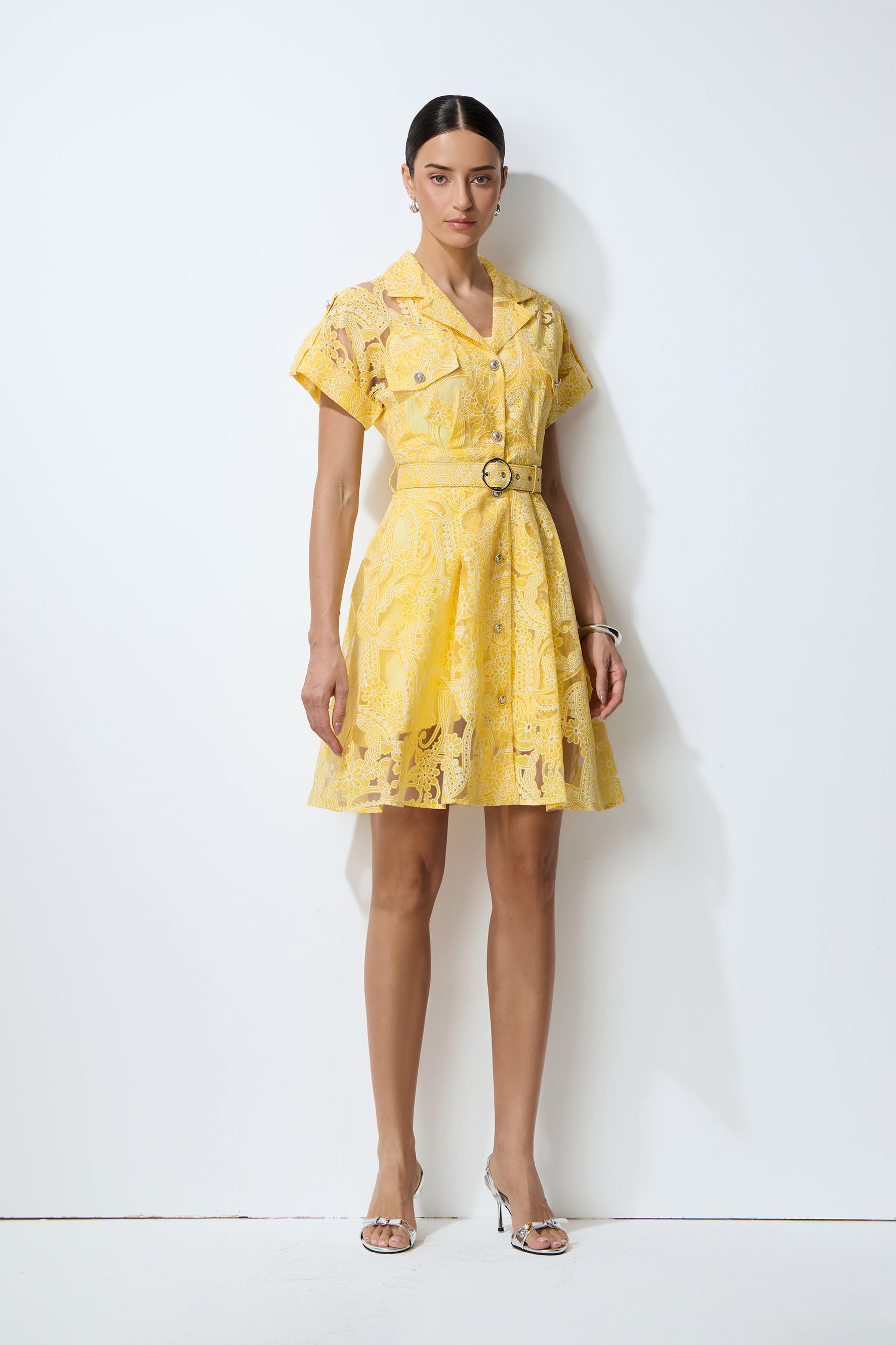 Endless Summer Yellow Sheer Floral Lace Mini Dress