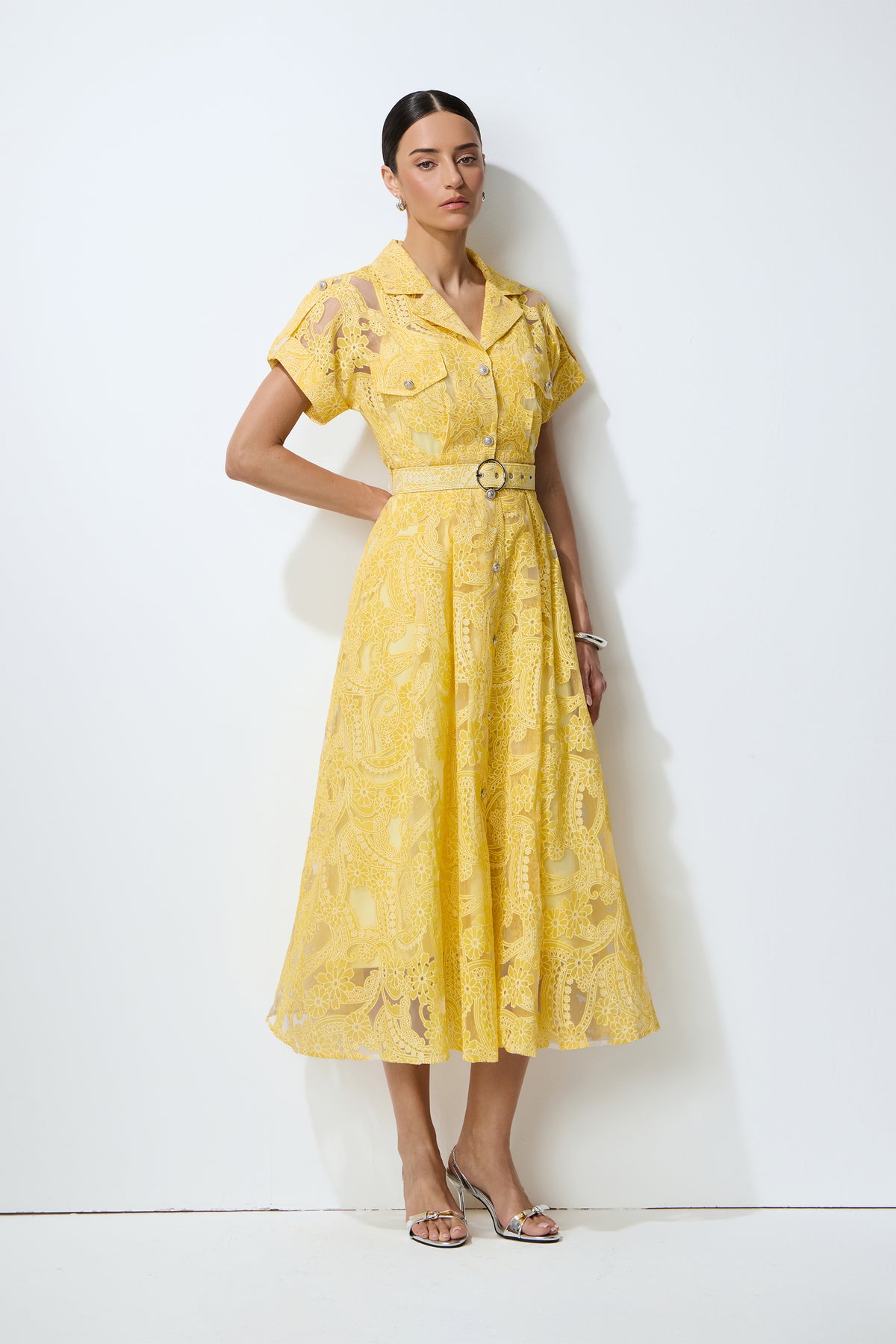 Endless Summer Yellow Sheer Floral Lace Midi Dress