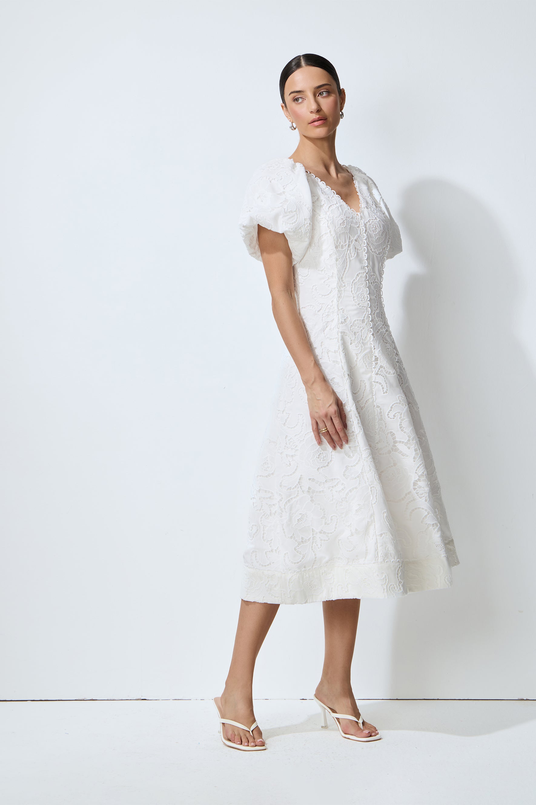 So Perfectly You White Lace Embroidery Puff Sleeve Midi Dress