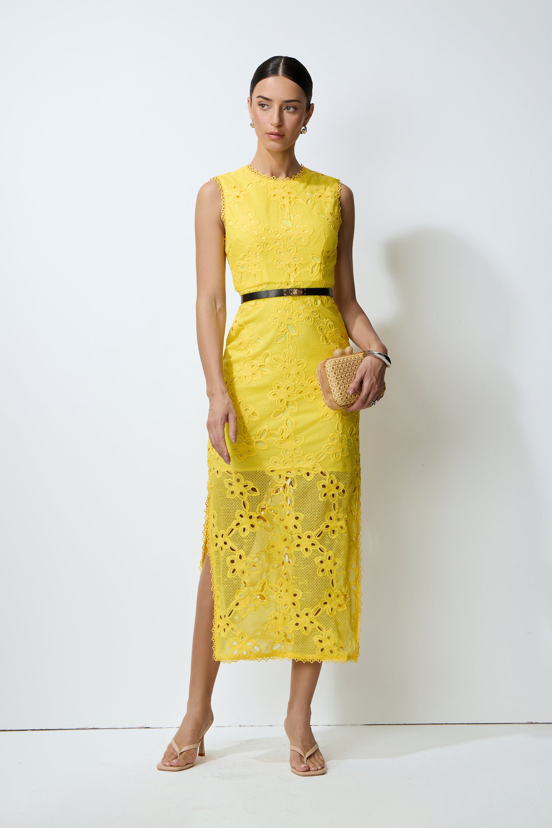 Warm Stillness Yellow Sleeveless Floral Lace Midi Dress