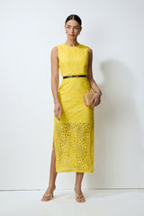 Warm Stillness Yellow Sleeveless Floral Lace Midi Dress