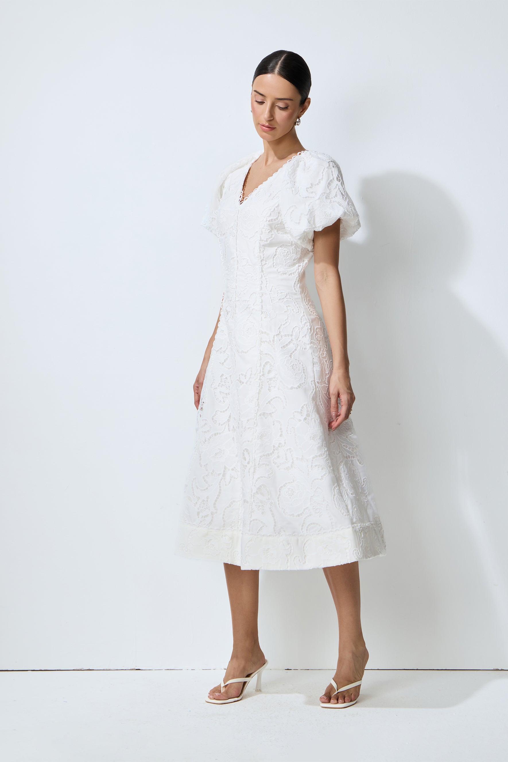 So Perfectly You White Lace Embroidery Puff Sleeve Midi Dress