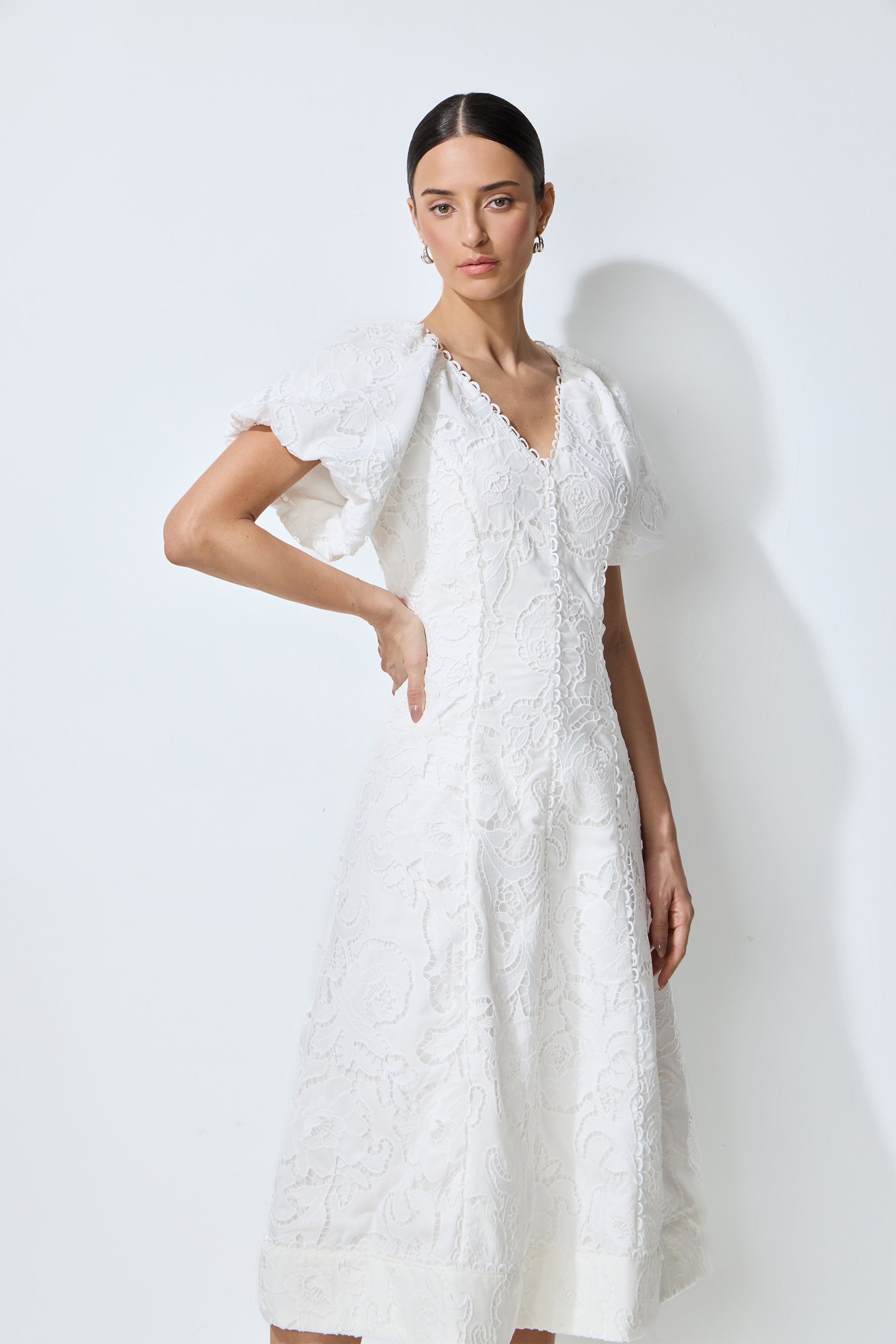 So Perfectly You White Lace Embroidery Puff Sleeve Midi Dress