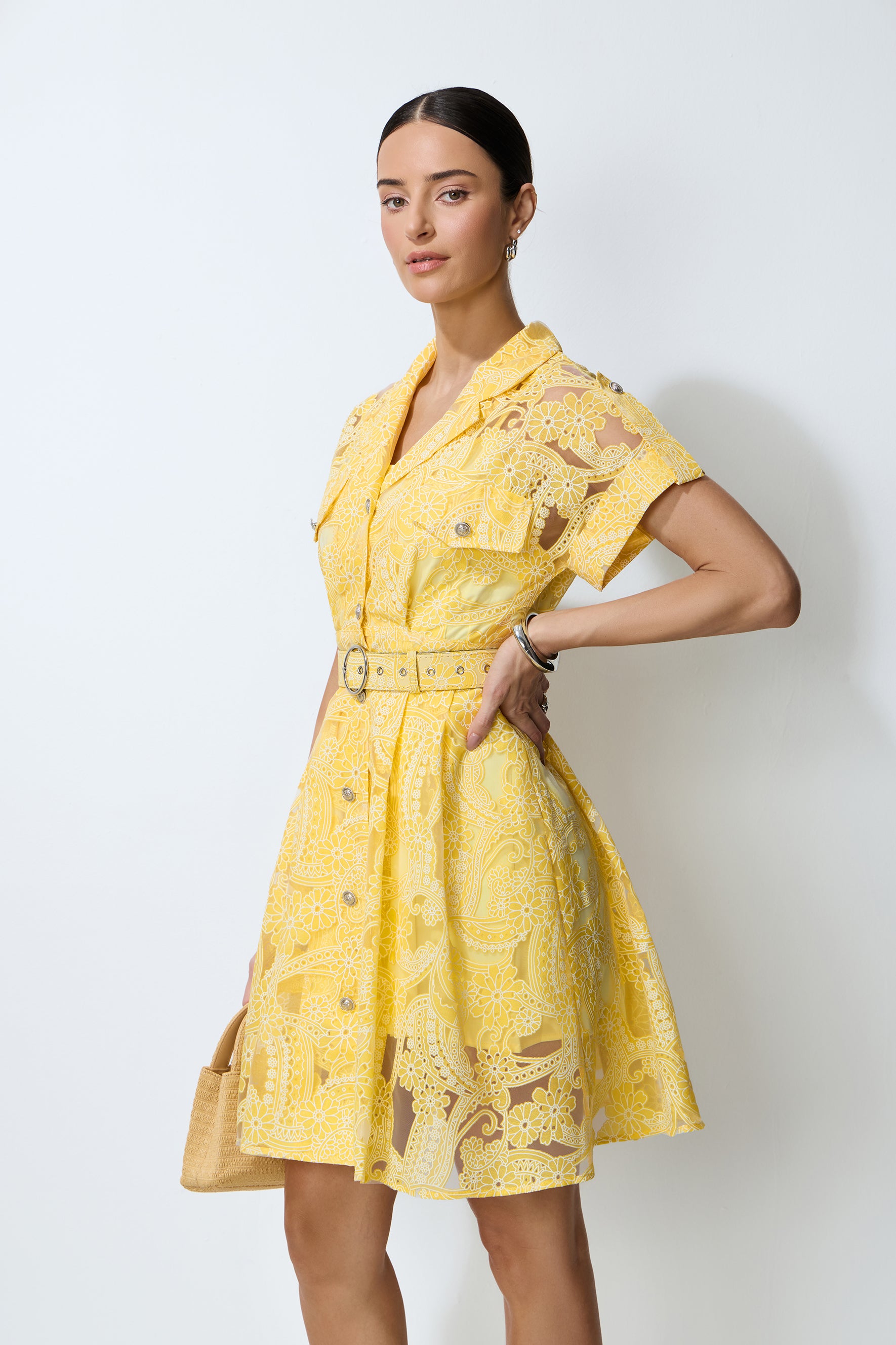 Endless Summer Yellow Sheer Floral Lace Mini Dress