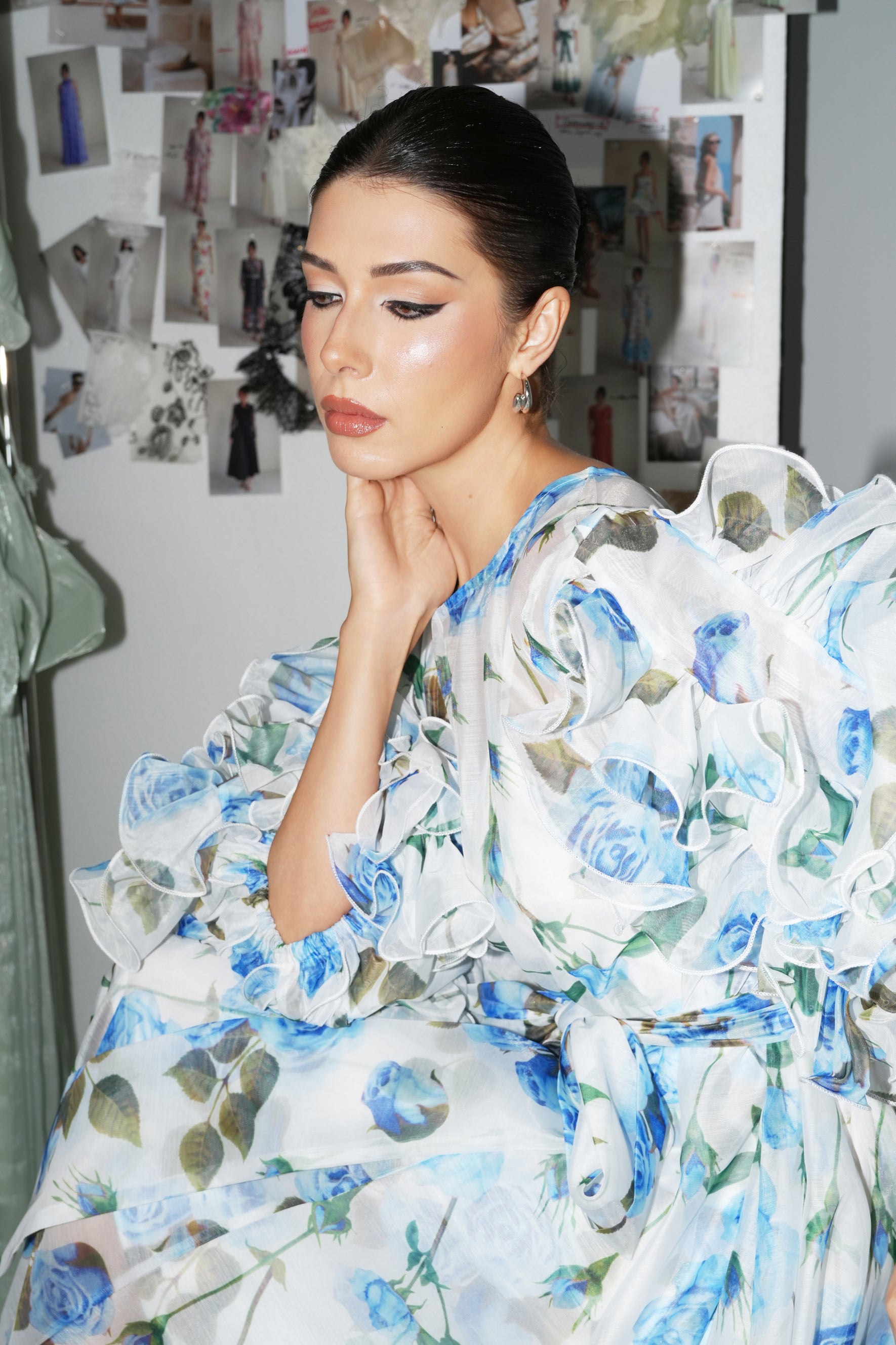 Dreaming in Color Blue Rose Print Ruffled Sleeve Maxi Dress