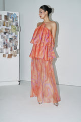 Sweet Sophistication Coral Abstract Print Halter Maxi Dress