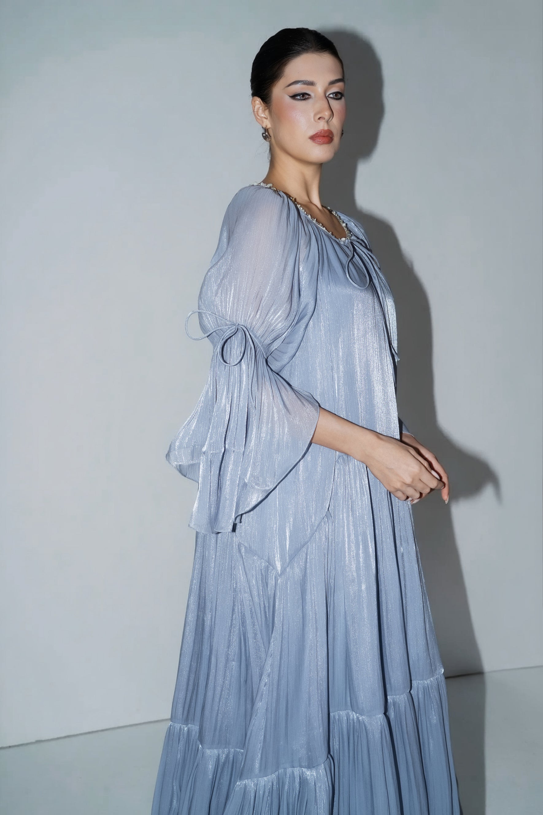Remarkable Arrival Blue Ruffle Sleeve Ruffle Maxi Dress