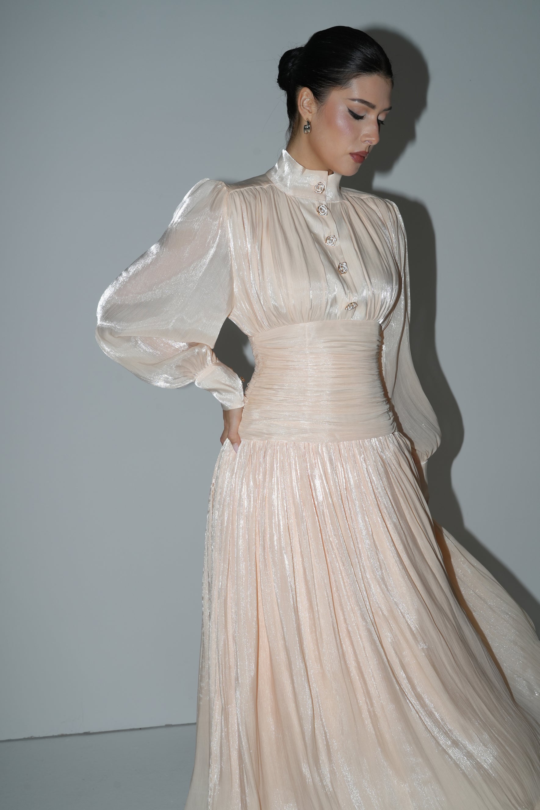 Divine Beauty Apricot High Neck Pleated Maxi Dress