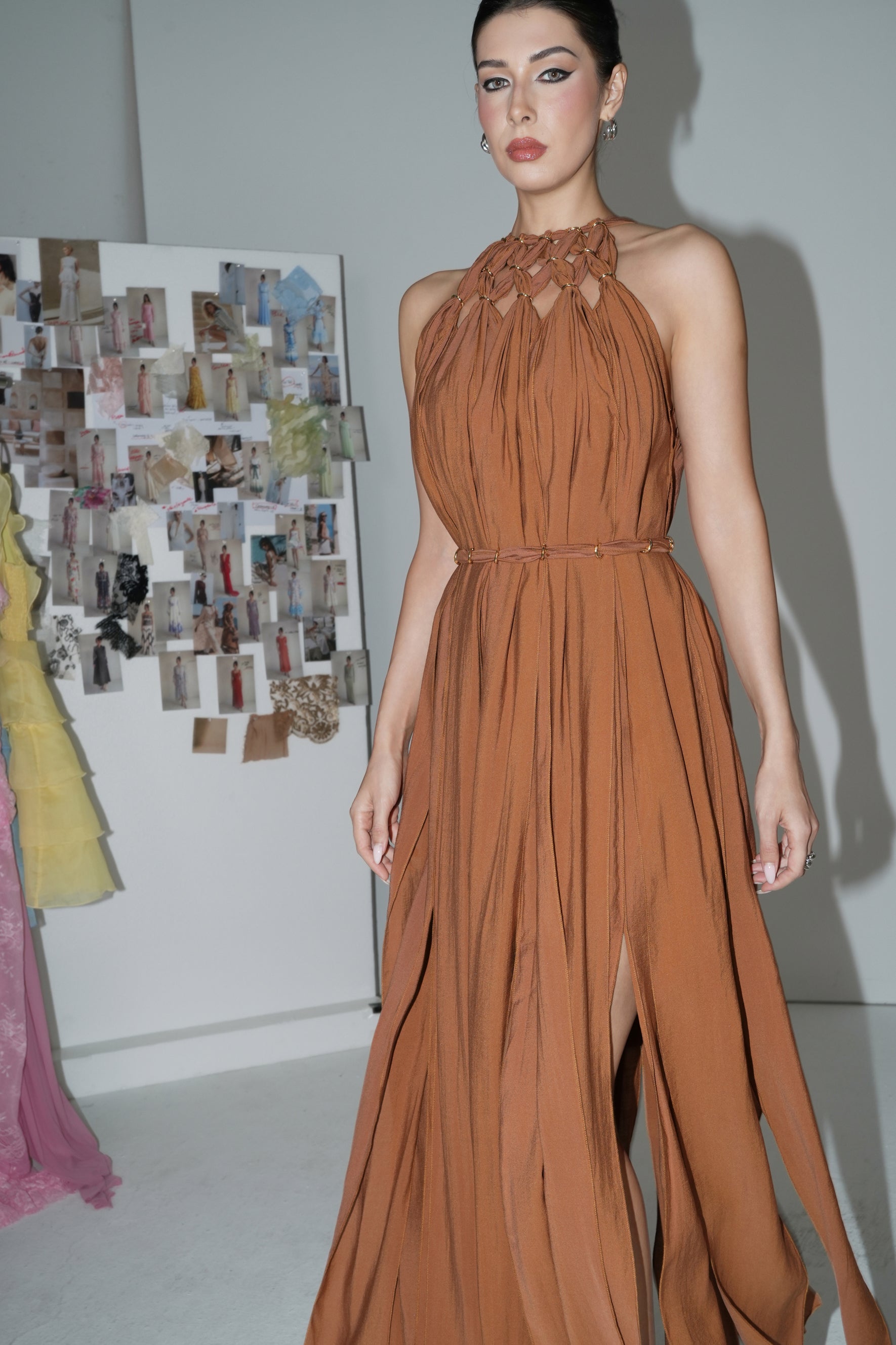 Style Unlocked Brown Knotted Draped Maxi Dress